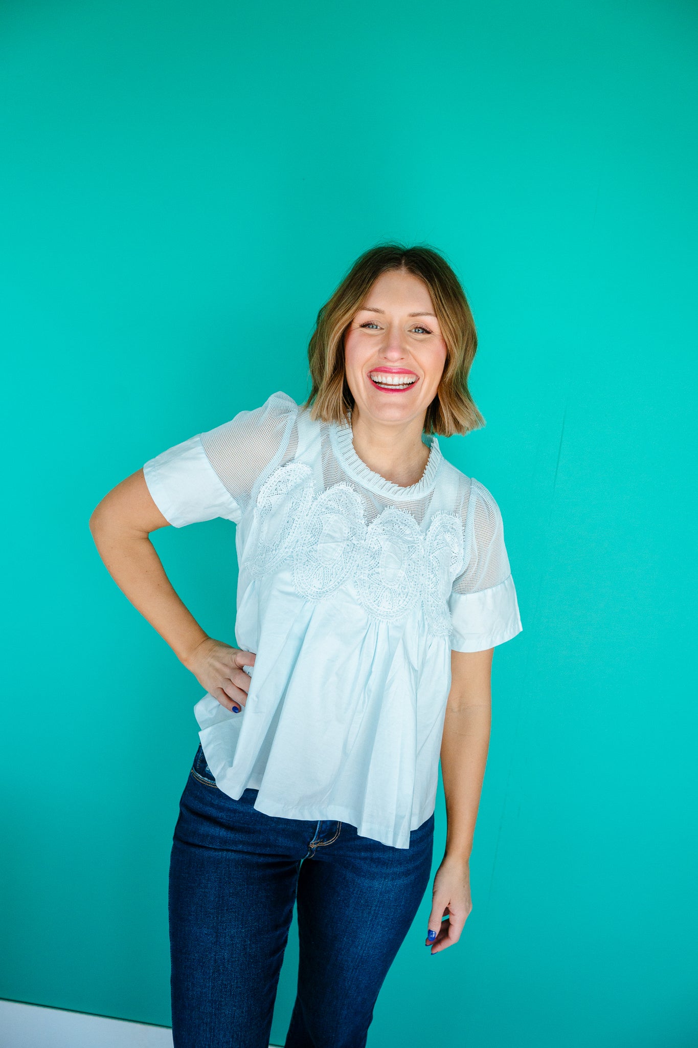 Haven Lace Detail Blouse - Ice Aqua