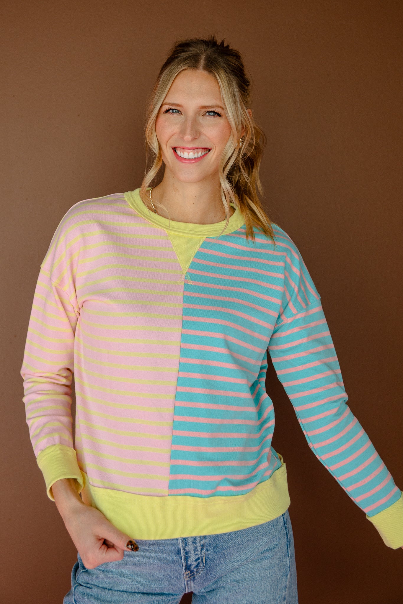 Carla Striped Sweatshirt - Canary + Warm Pink