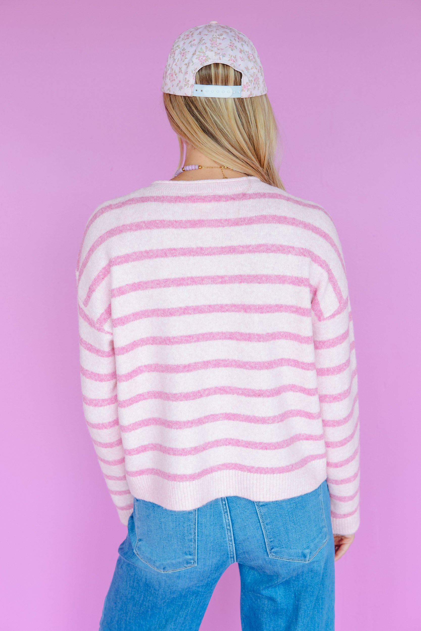 Roni Striped Button Up Sweater - Pastel Pink