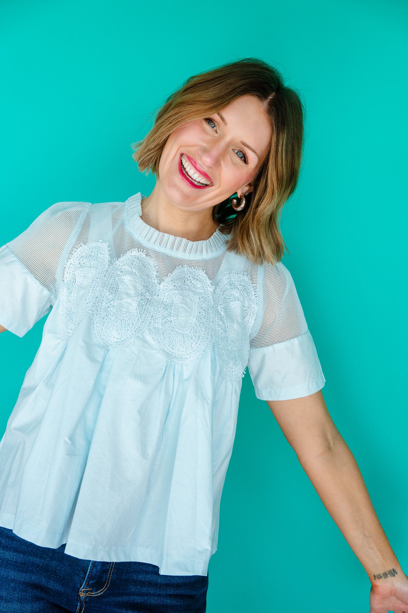 Haven Lace Detail Blouse - Ice Aqua