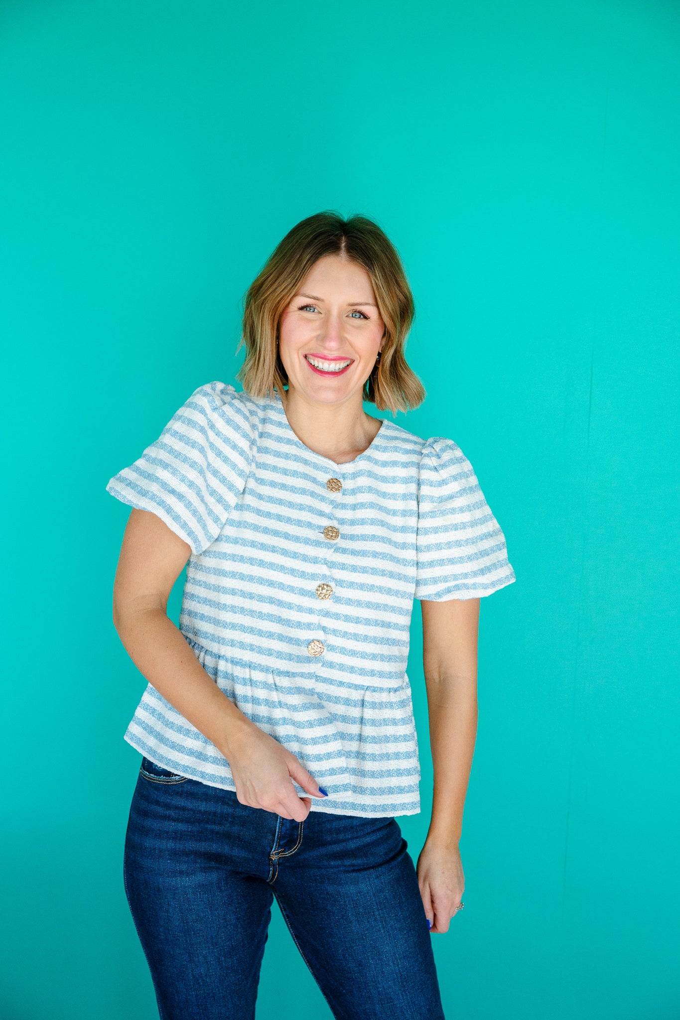 Riley Boucle Peplum Blouse - Sky Blue + Soft White