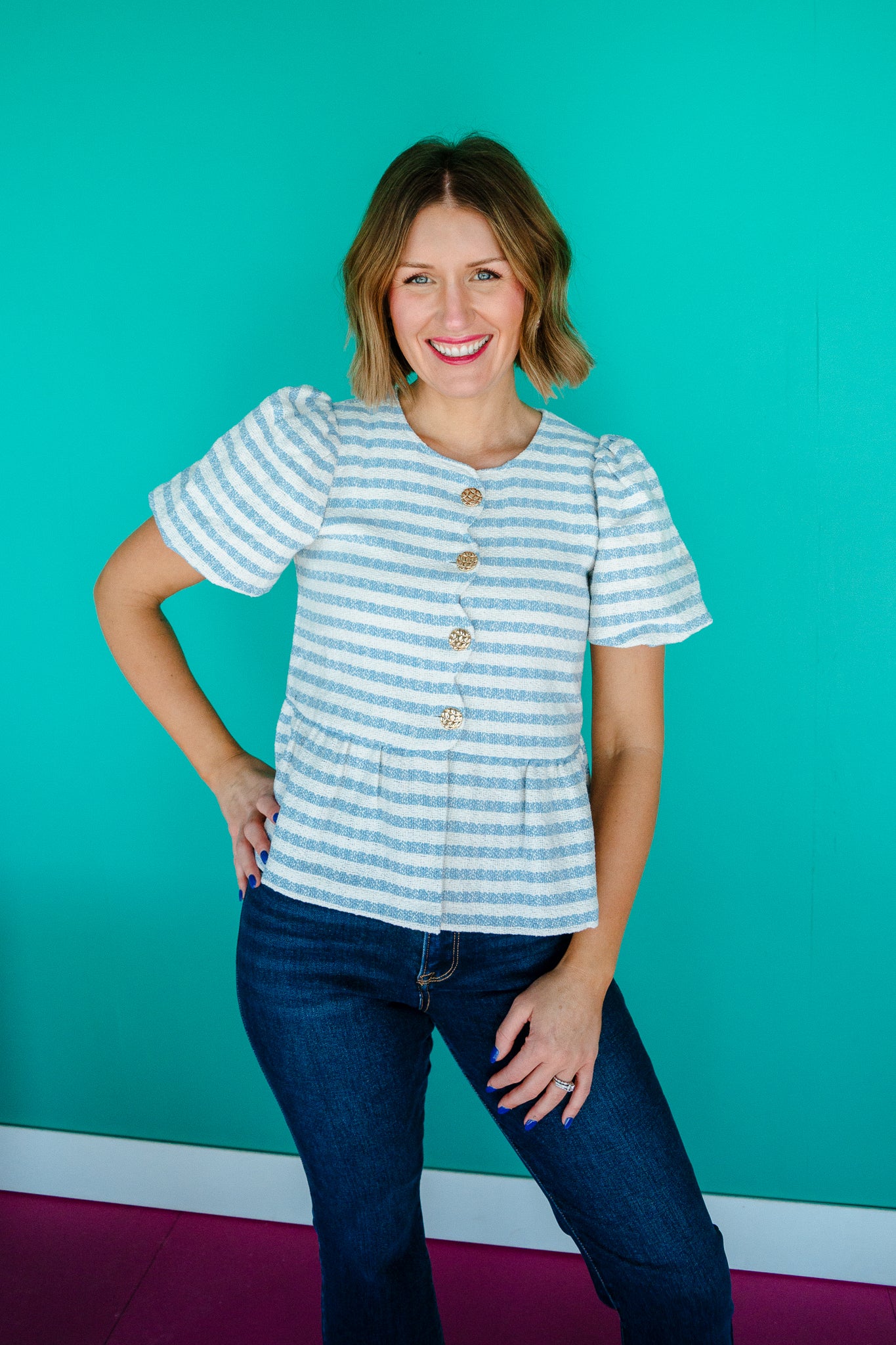 Riley Boucle Peplum Blouse - Sky Blue + Soft White