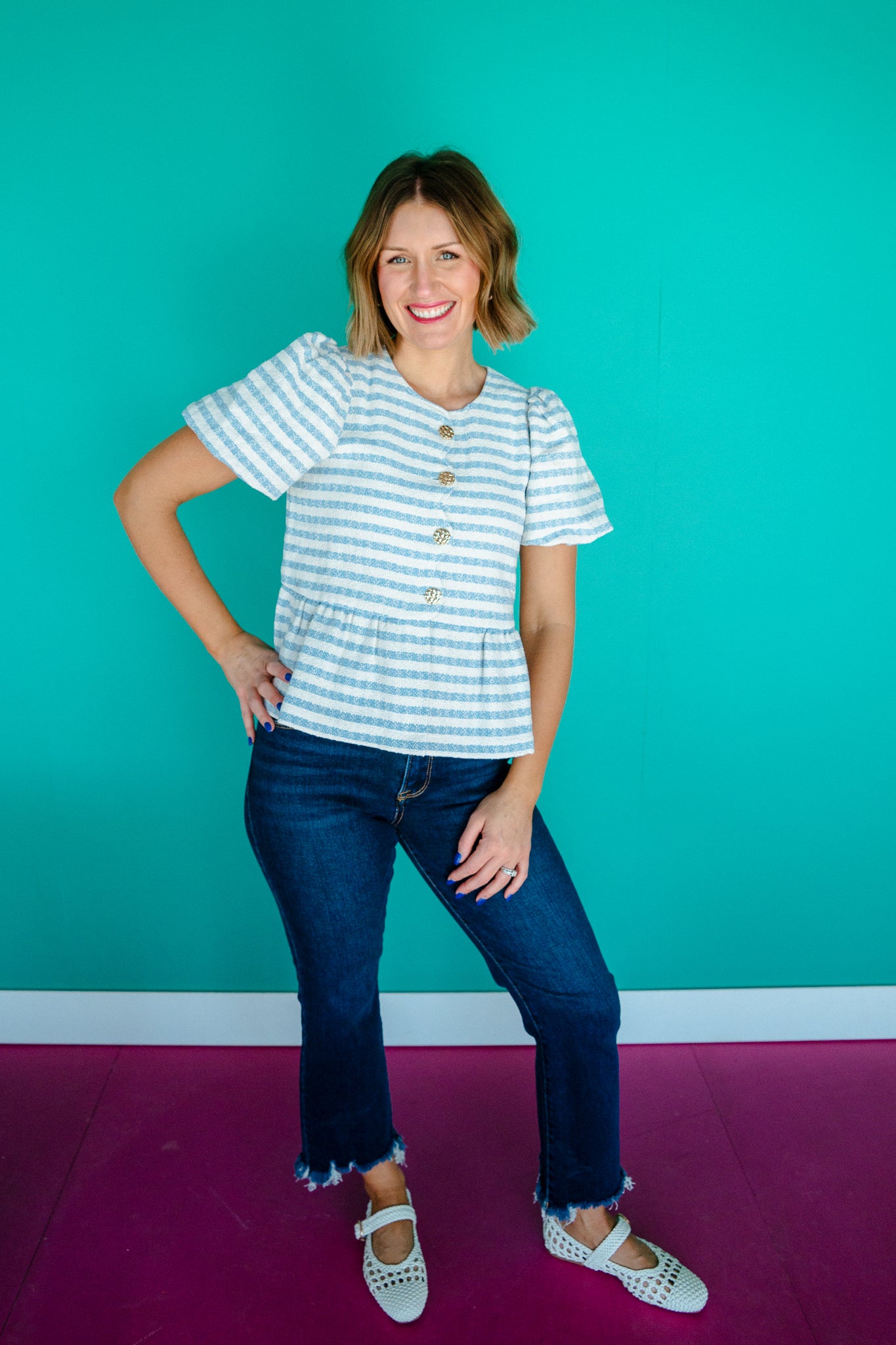 Riley Boucle Peplum Blouse - Sky Blue + Soft White