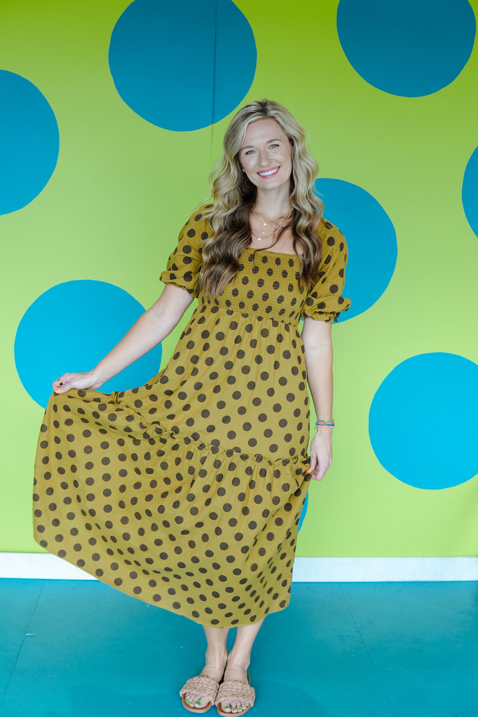 Out of the Ordinary Polka Dot Midi Dress - Olive