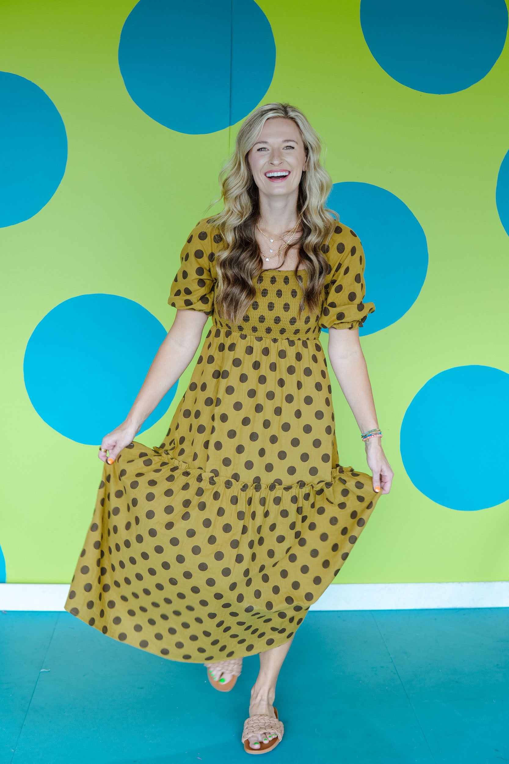 Out of the Ordinary Polka Dot Midi Dress - Olive