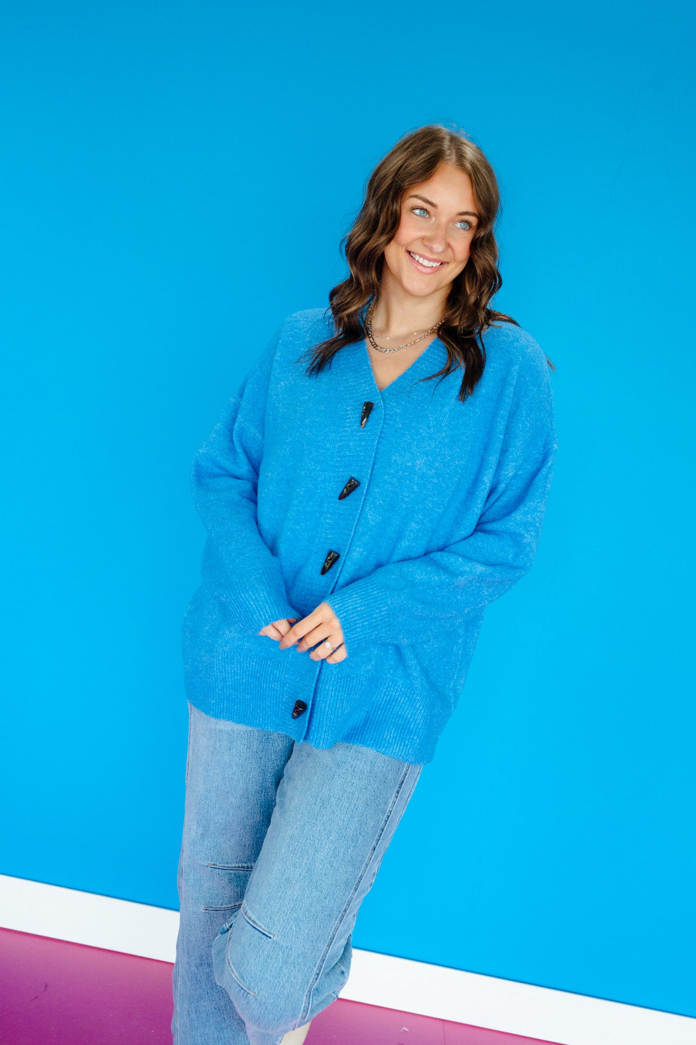 Jenna Button Cardigan - Heathered Cornflower