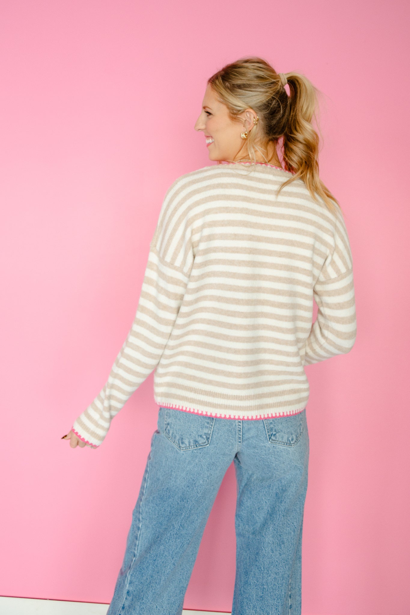 Maeve Striped Sweater - Beige  + Cream + Bright Pink