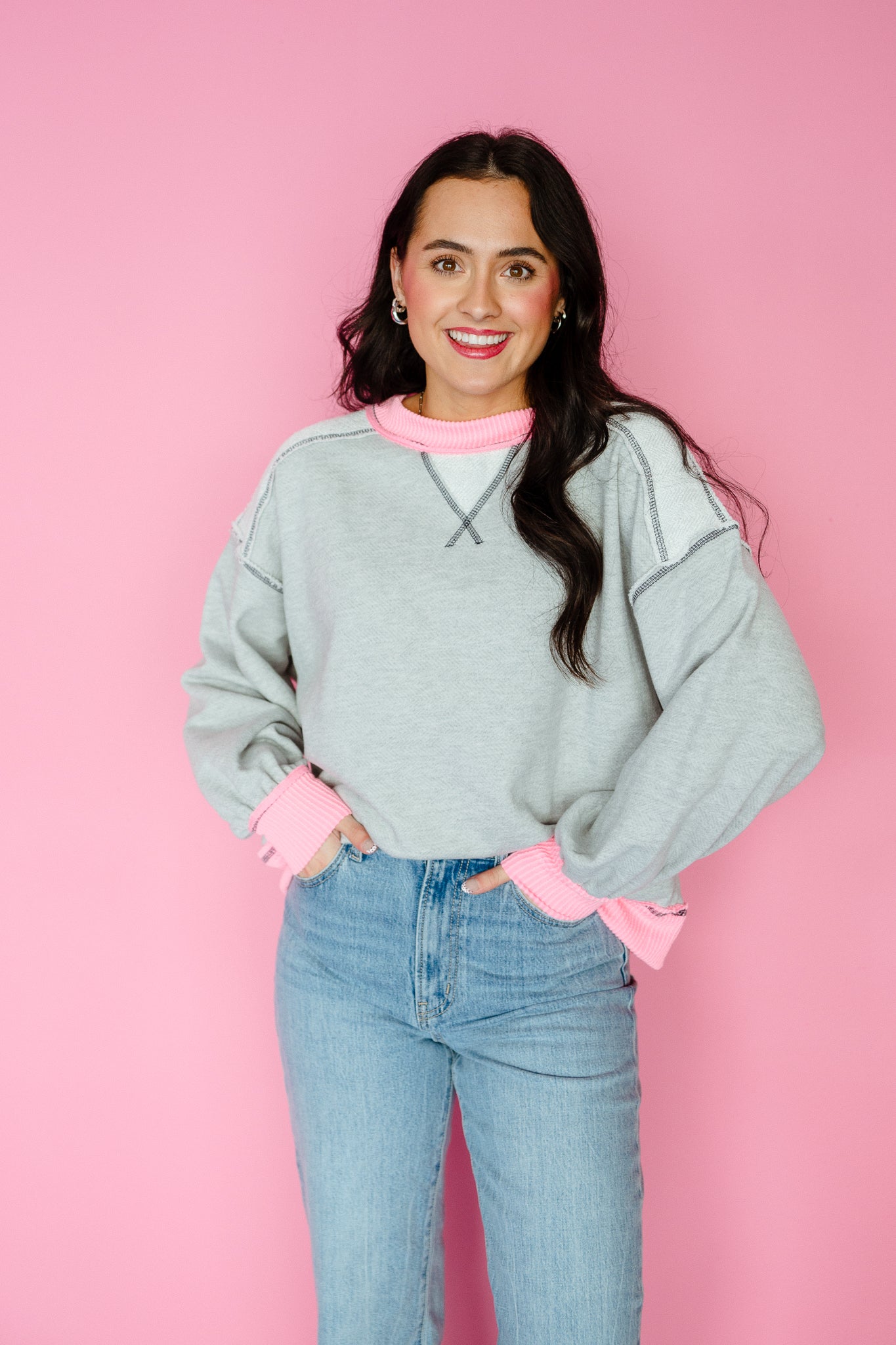 Abby French Terry Sweatshirt - Dove Grey + Bright Shocking Pink