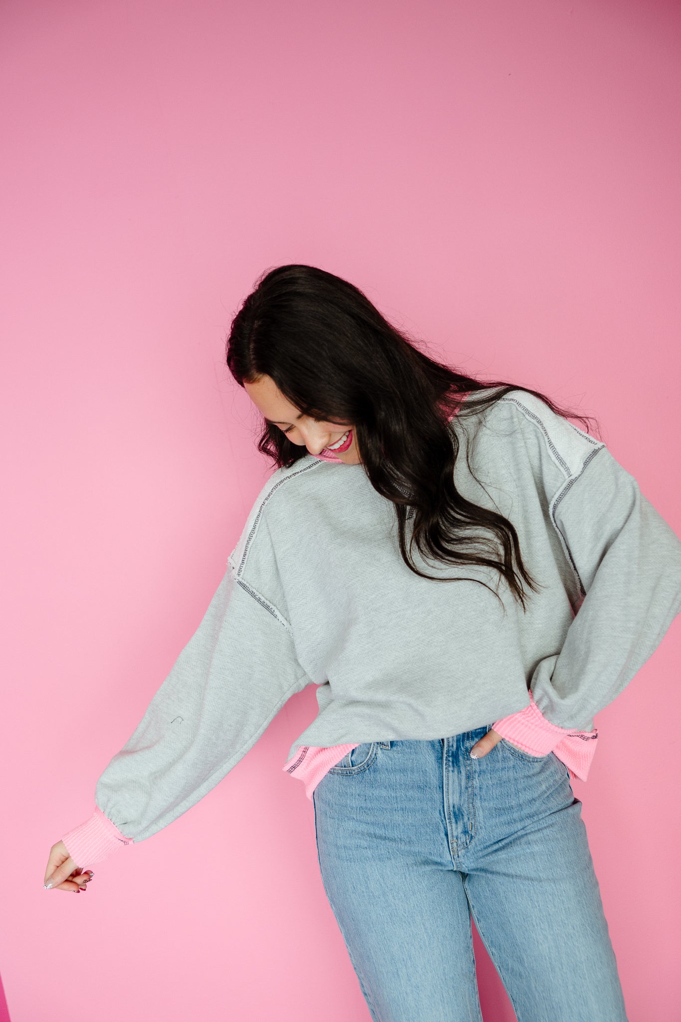Abby French Terry Sweatshirt - Dove Grey + Bright Shocking Pink