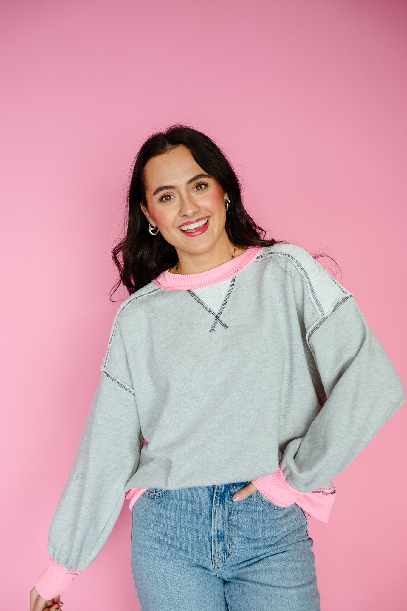 Abby French Terry Sweatshirt - Dove Grey + Bright Shocking Pink