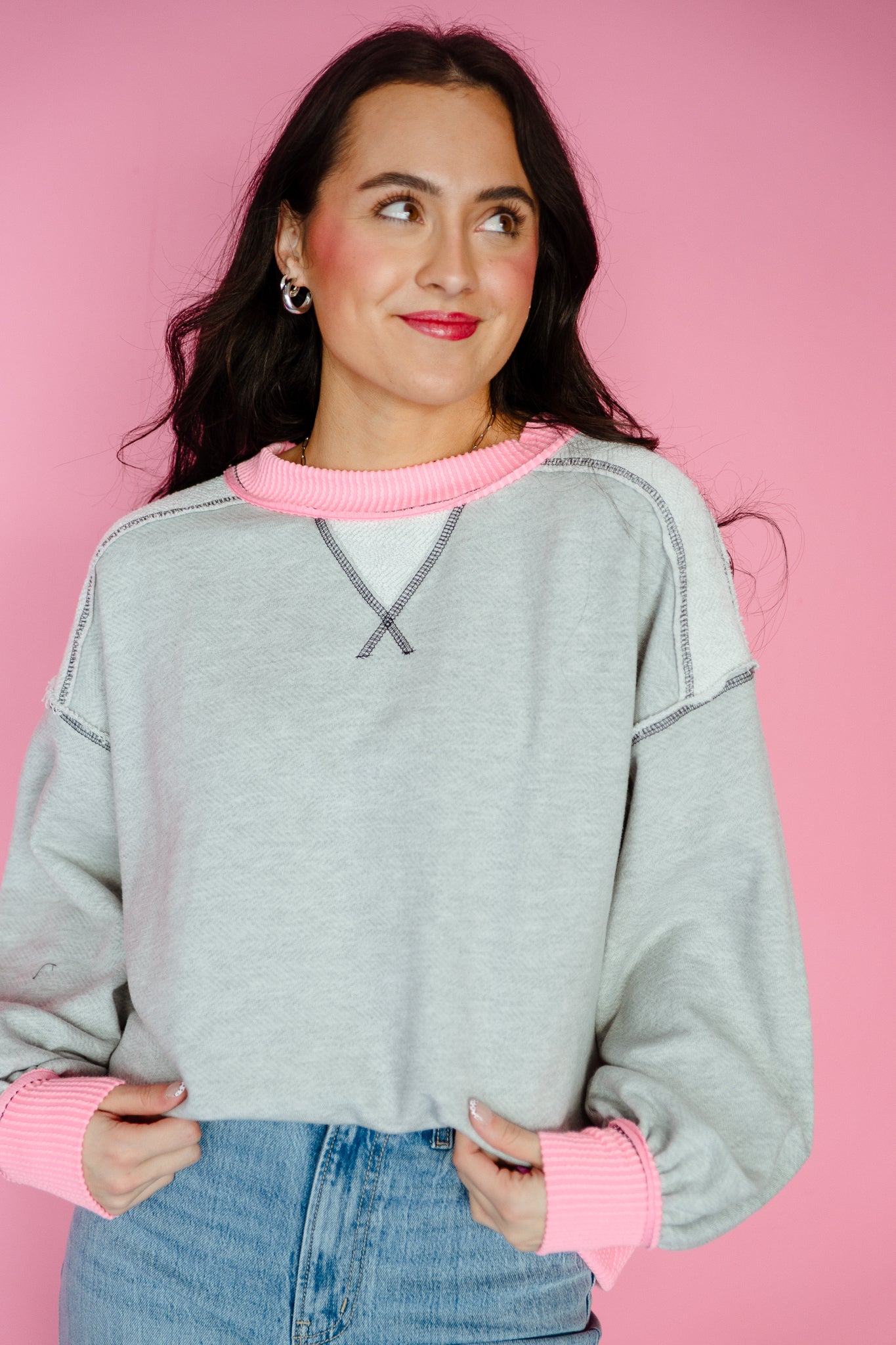 Abby French Terry Sweatshirt - Dove Grey + Bright Shocking Pink