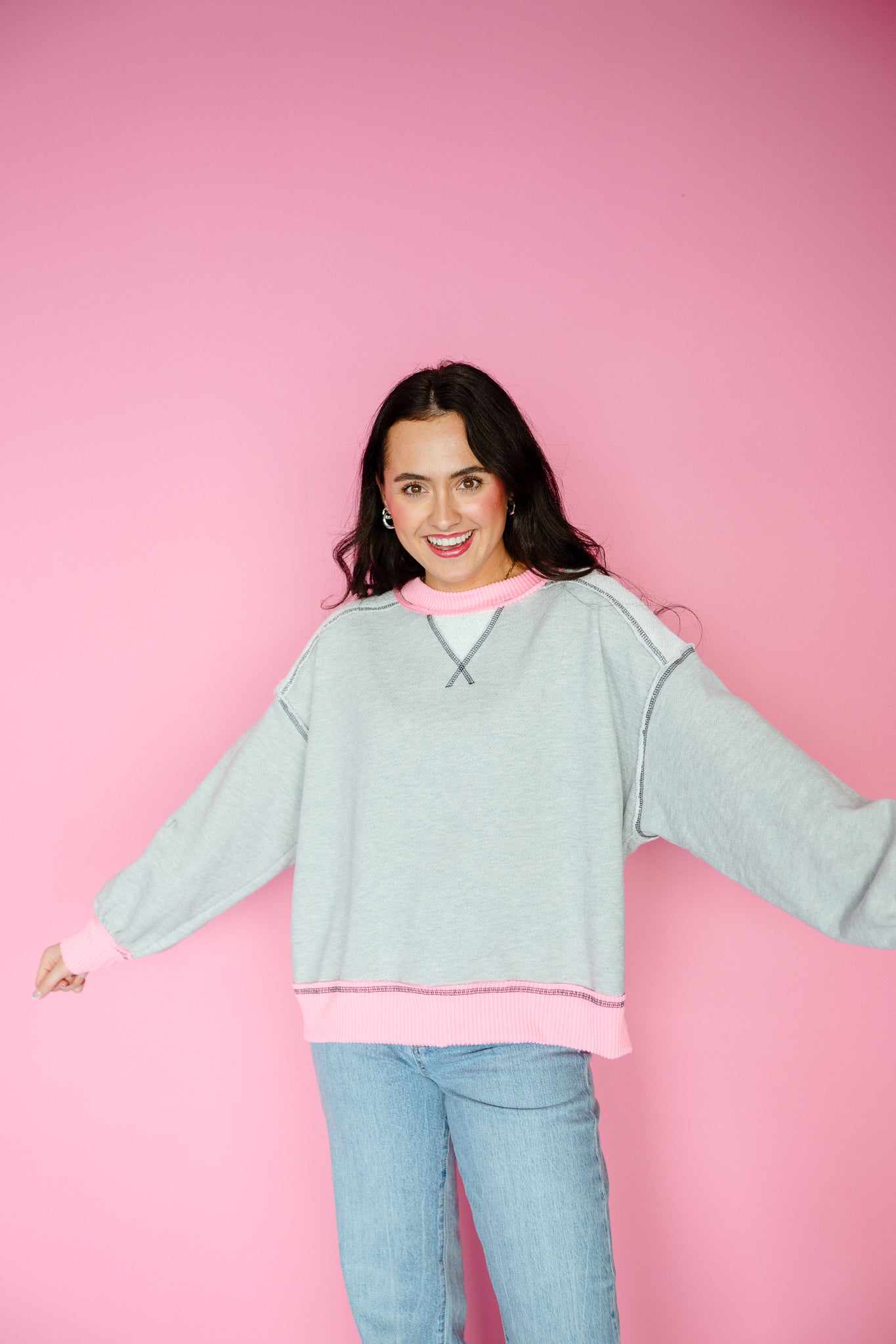 Abby French Terry Sweatshirt - Dove Grey + Bright Shocking Pink
