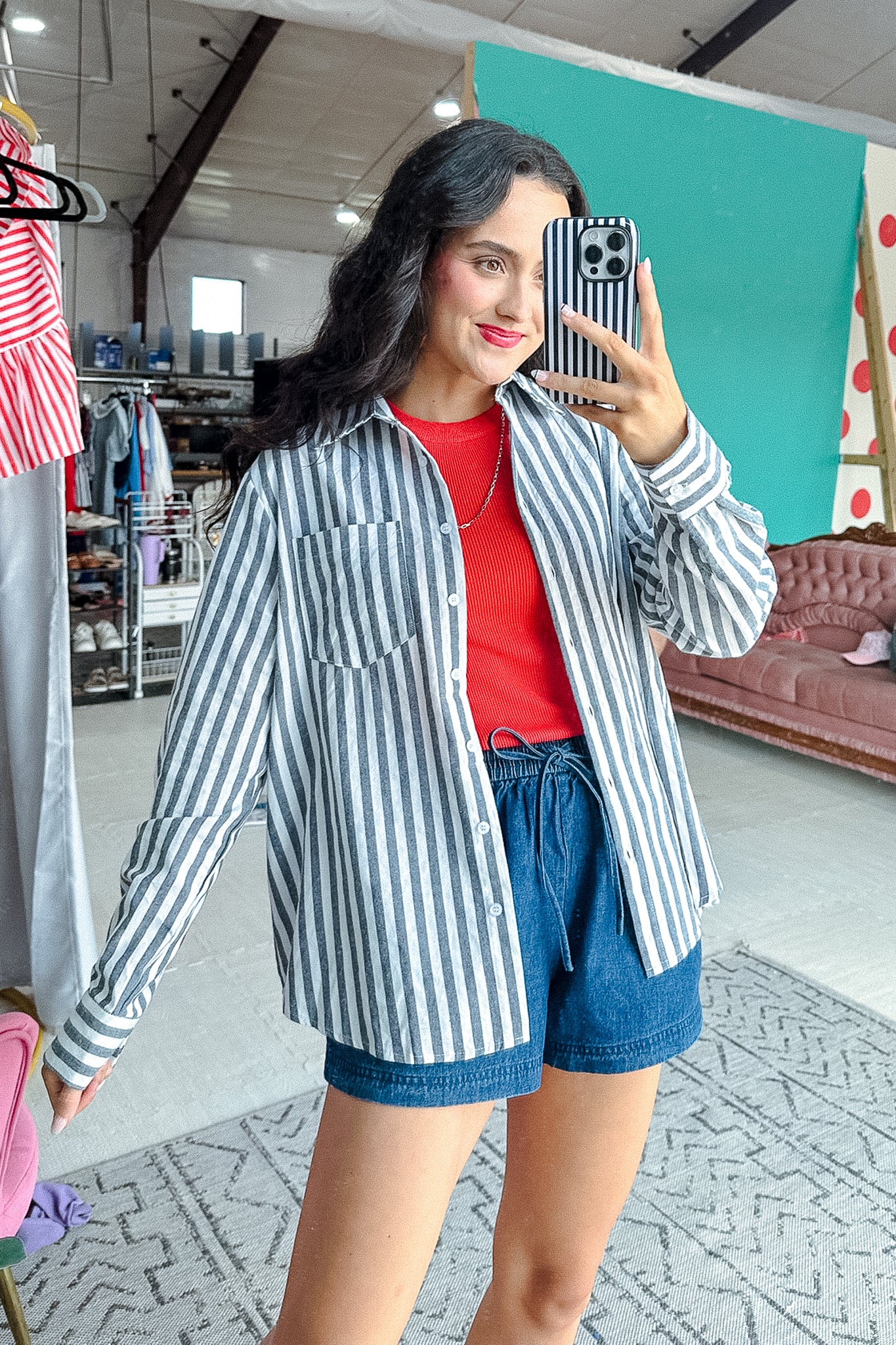 Nicole Collared Striped Shirt - Charcoal + White
