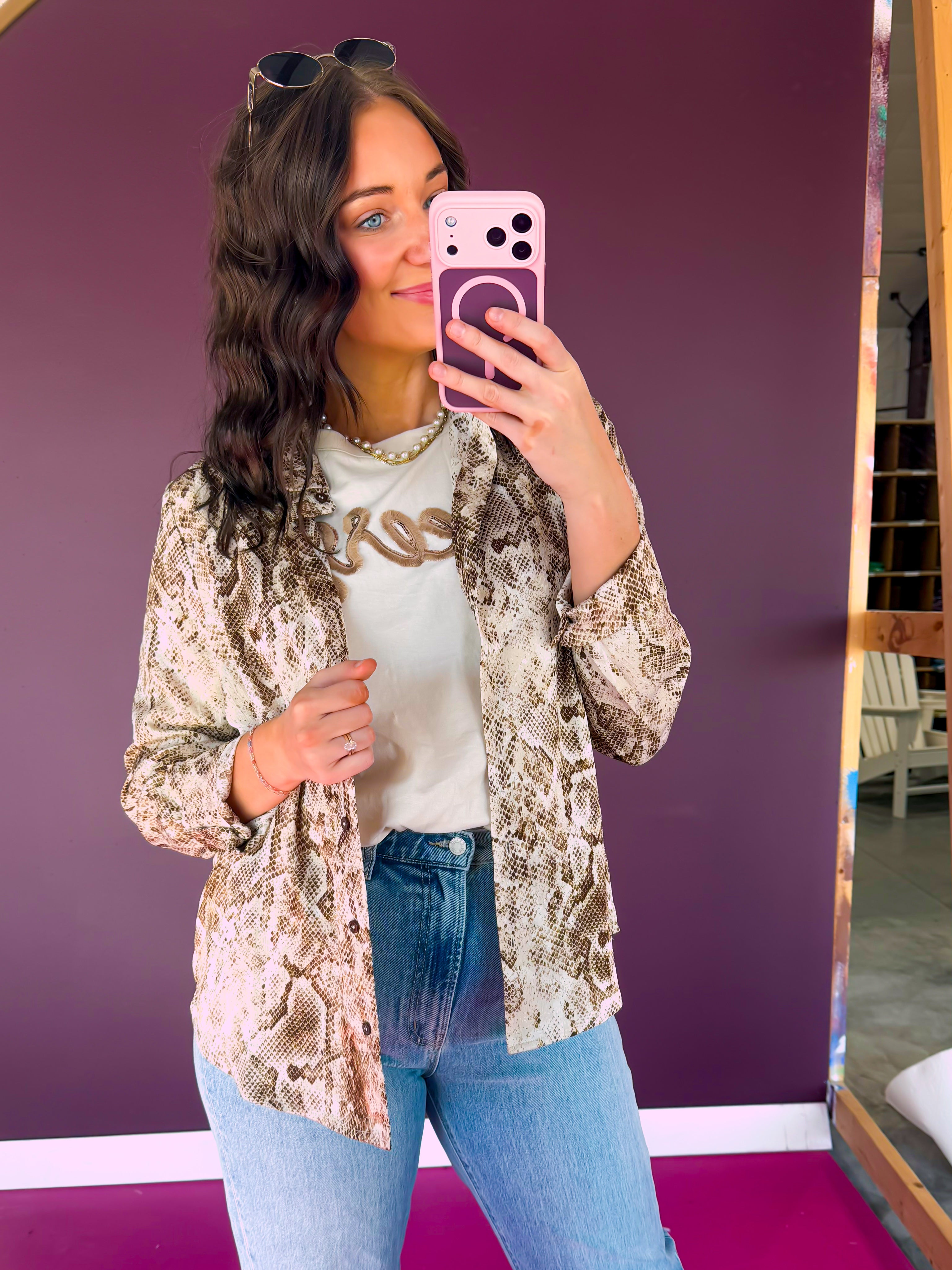 Cynthia Snake Print Button Blouse - Chocolate + Coffee + Beige