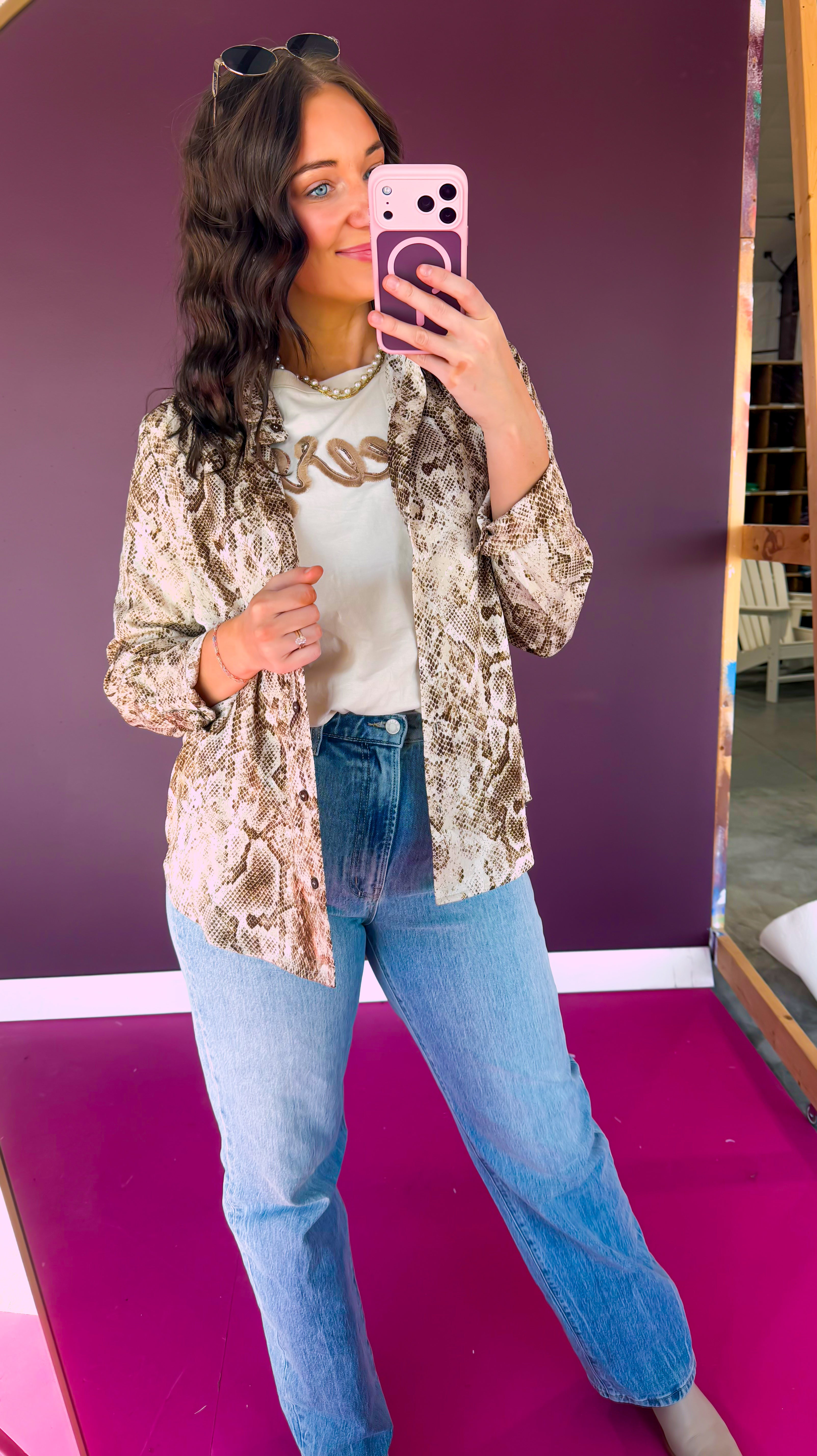 Cynthia Snake Print Button Blouse - Chocolate + Coffee + Beige