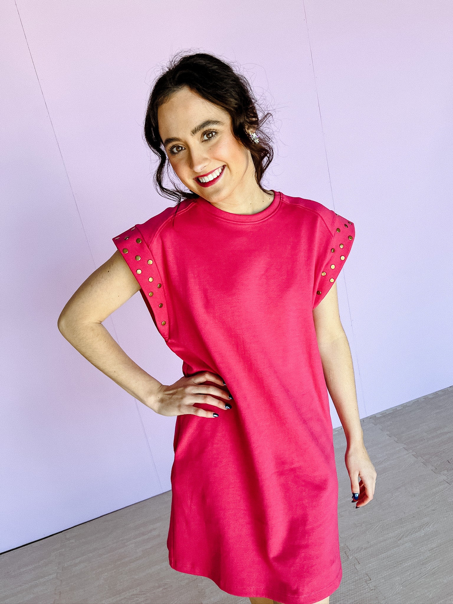 Ellen Studded Sleeve Dress - Fuchsia