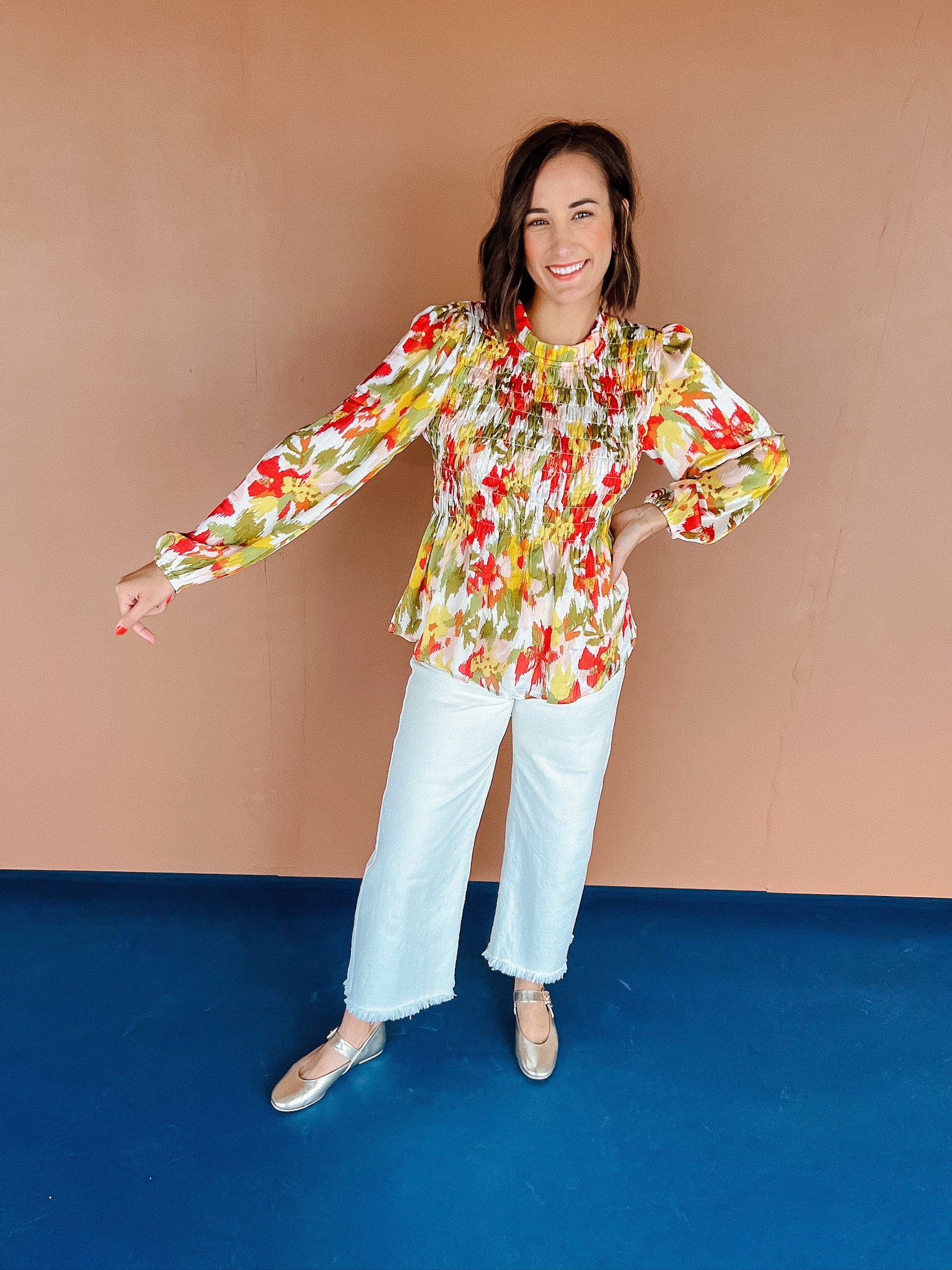 Colby Floral Blouse - Yellow Ochre + Grass + Moss + Brick