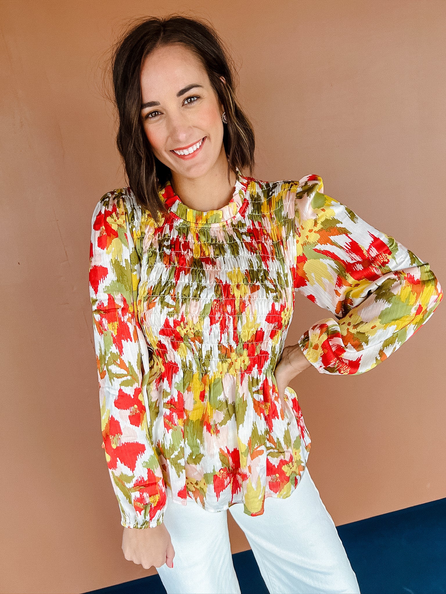 Colby Floral Blouse - Yellow Ochre + Grass + Moss + Brick