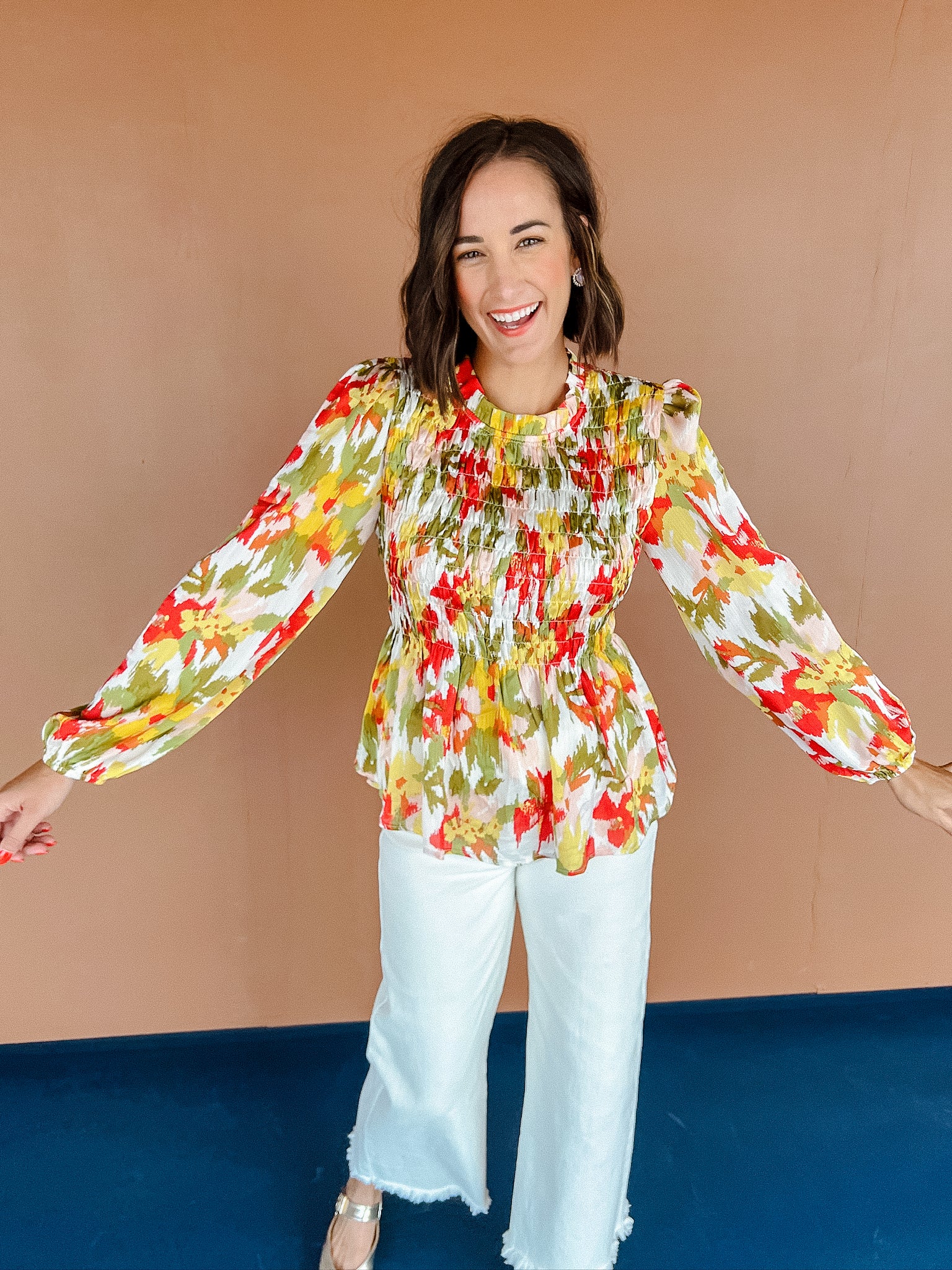 Colby Floral Blouse - Yellow Ochre + Grass + Moss + Brick