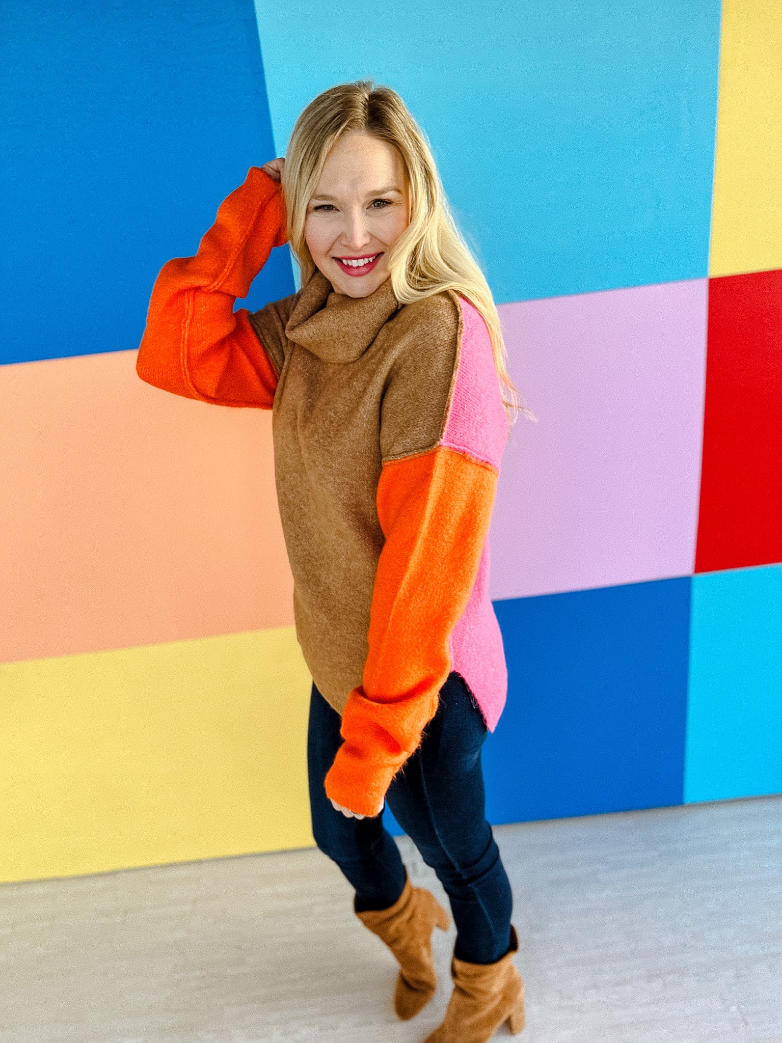 Luna Color Block Turtleneck Sweater - Tan + Orange + Shocking Pink
