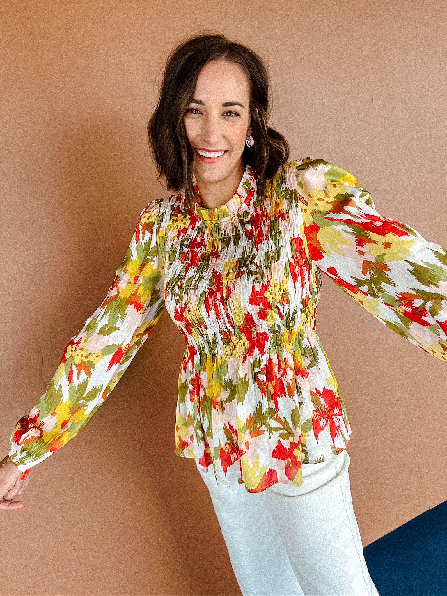 Colby Floral Blouse - Yellow Ochre + Grass + Moss + Brick