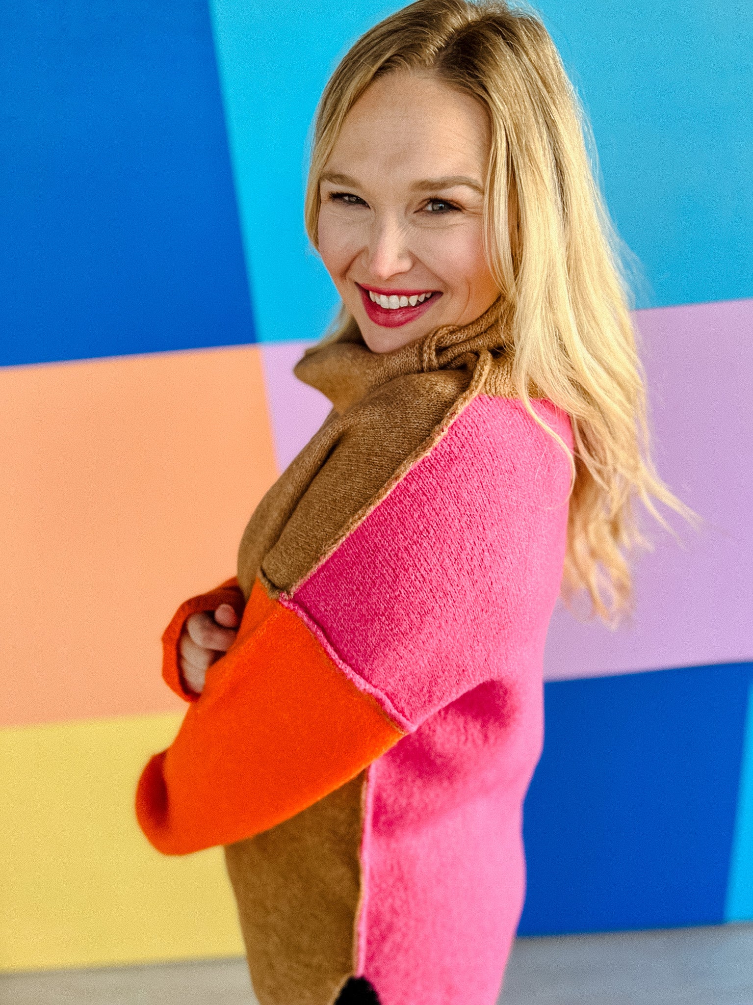 Luna Color Block Turtleneck Sweater - Tan + Orange + Shocking Pink