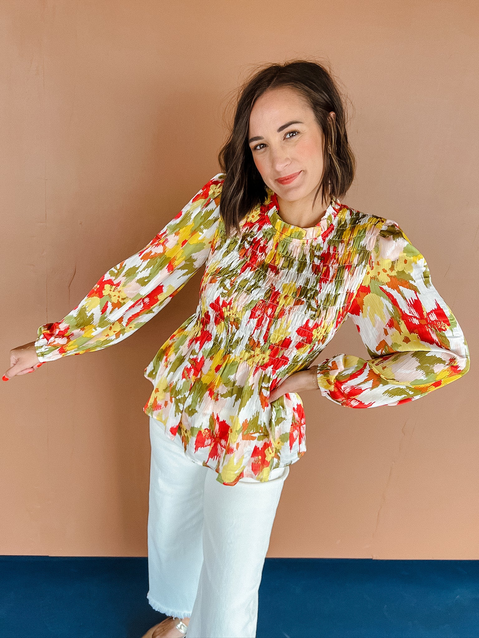 Colby Floral Blouse - Yellow Ochre + Grass + Moss + Brick