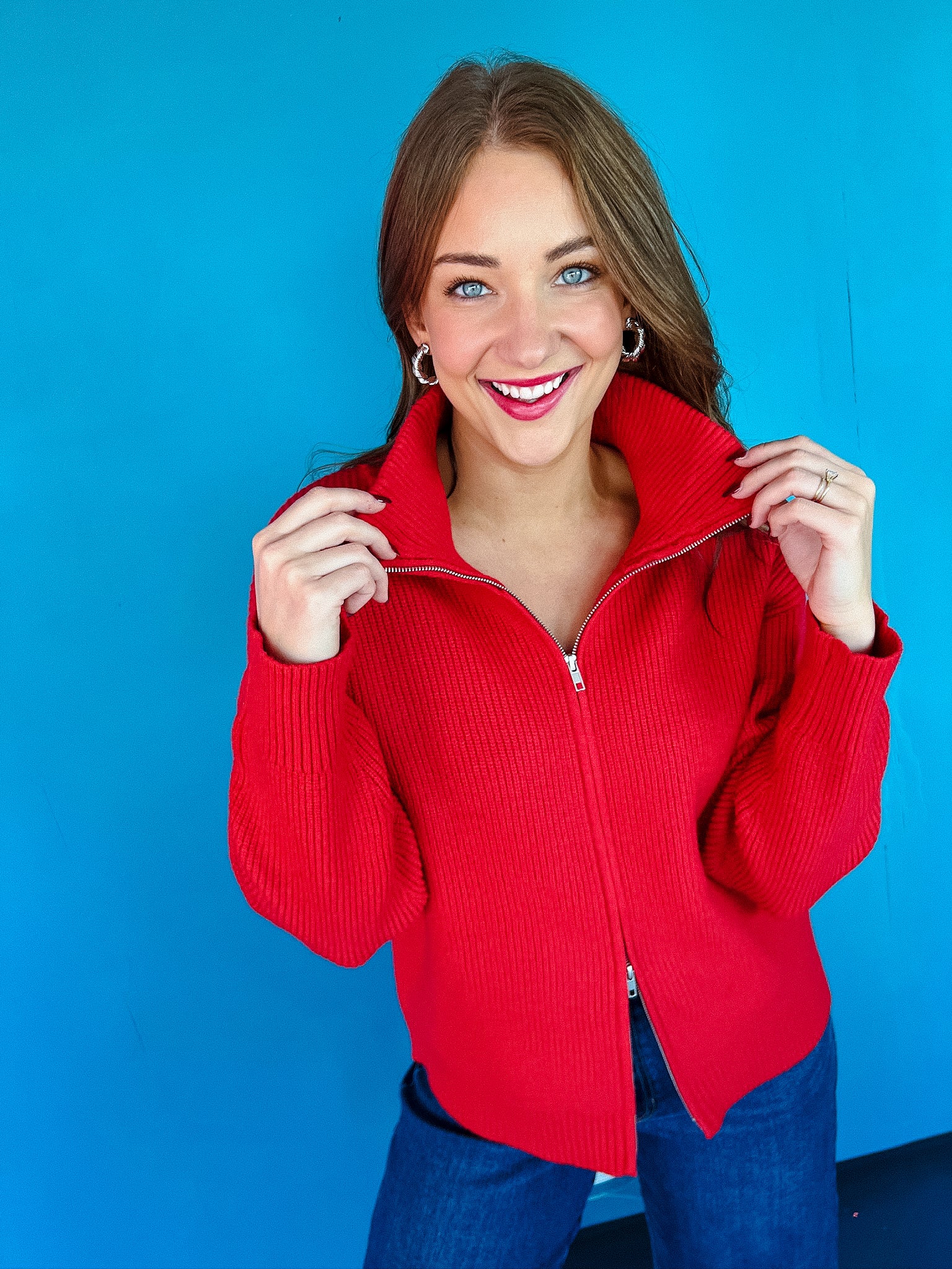 Nueva Double Zip Sweater - Cool Red