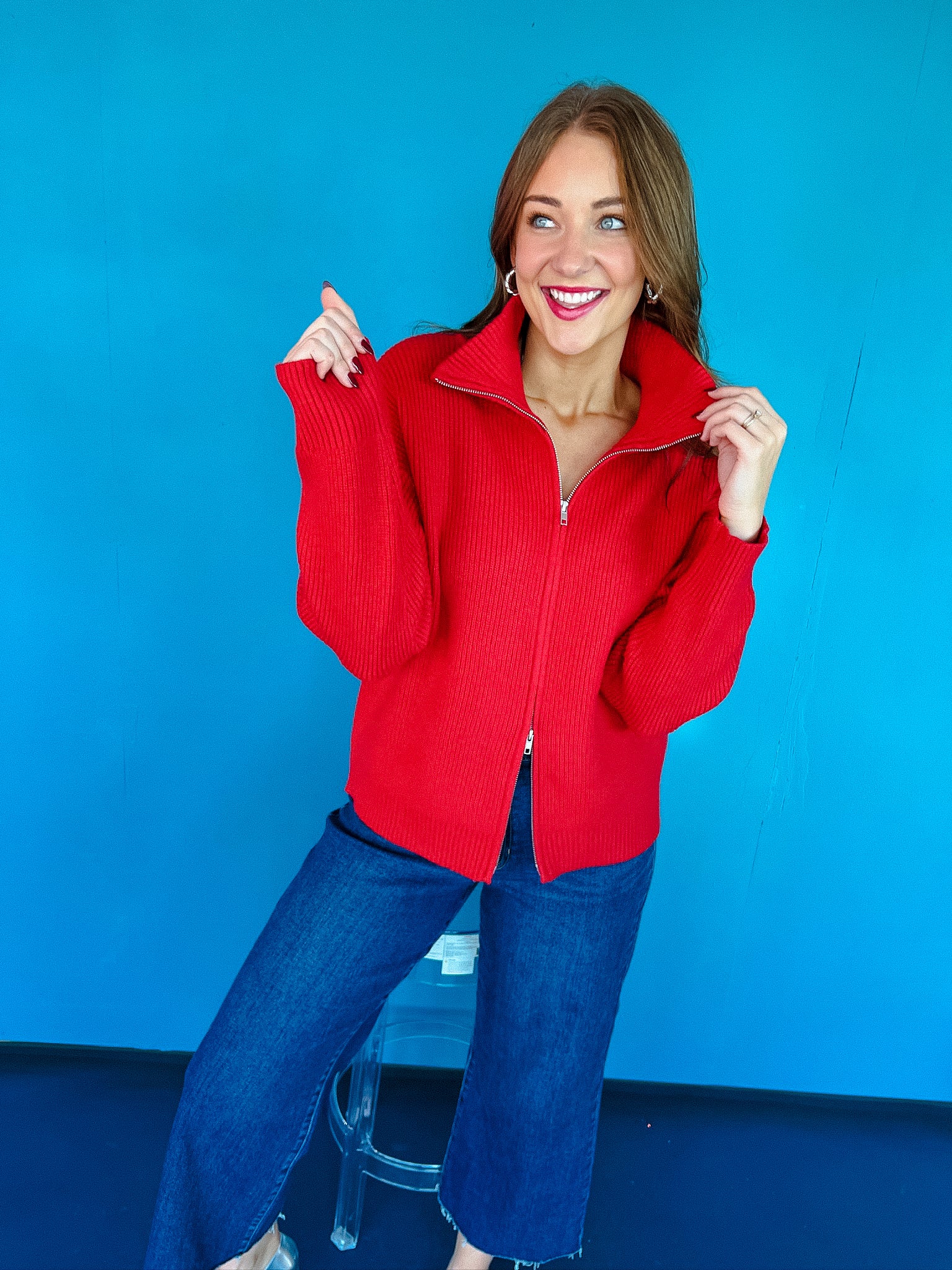 Nueva Double Zip Sweater - Cool Red