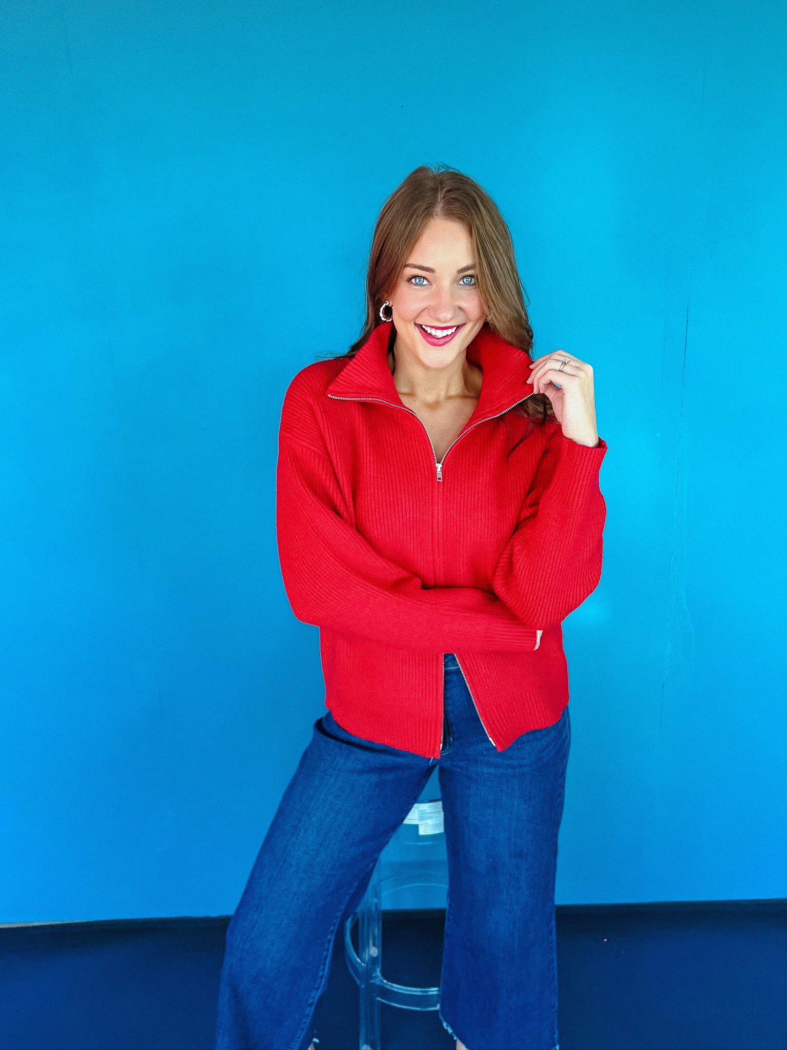 Nueva Double Zip Sweater - Cool Red