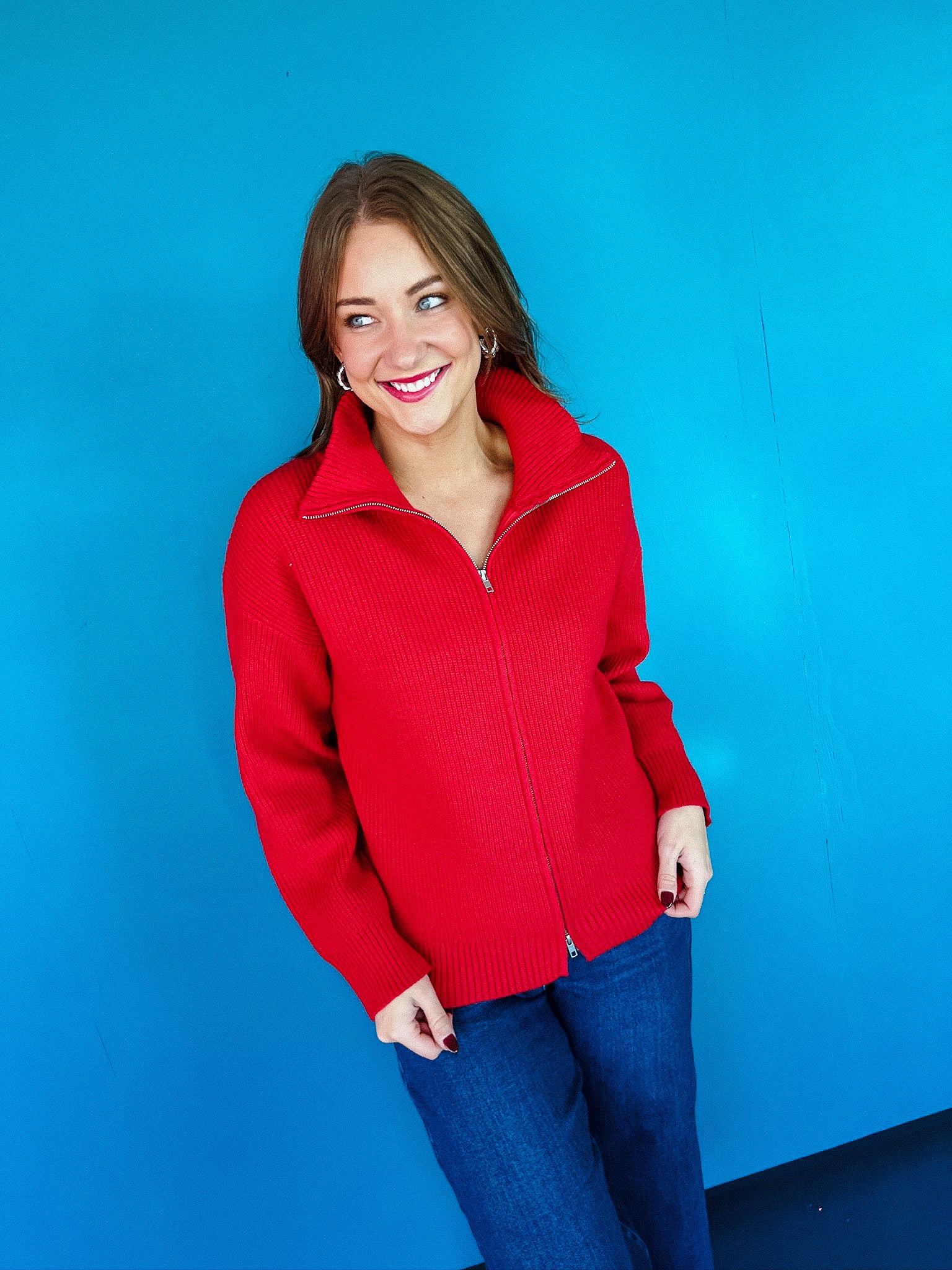 Nueva Double Zip Sweater - Cool Red