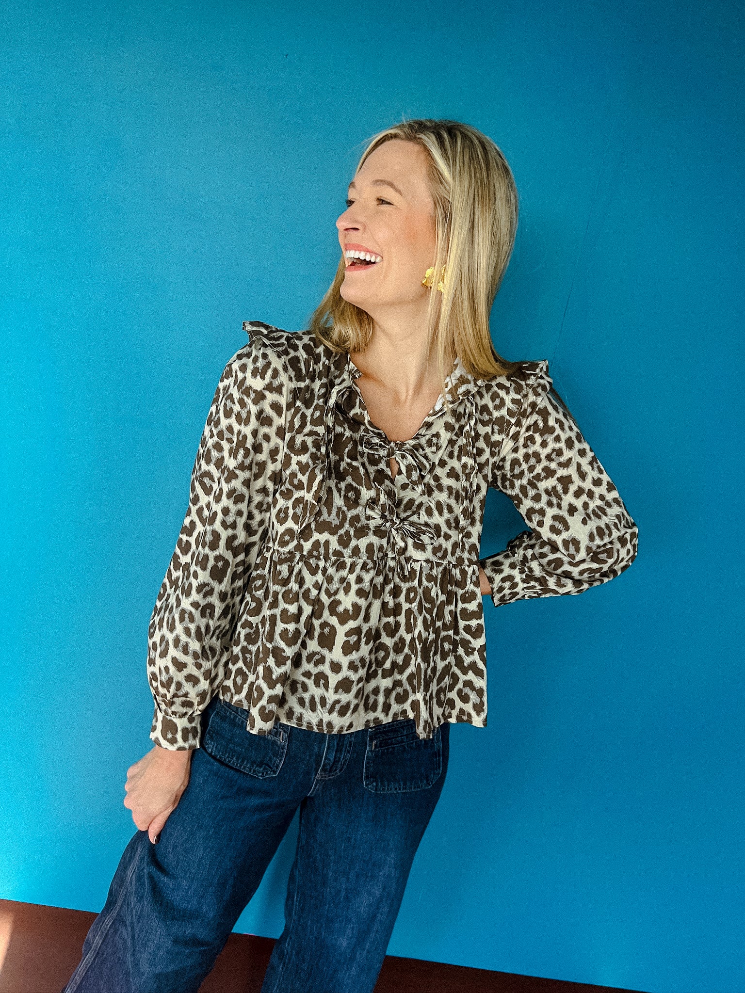 Reina Leopard Bow Detail Blouse - Lizard Grey and Espresso