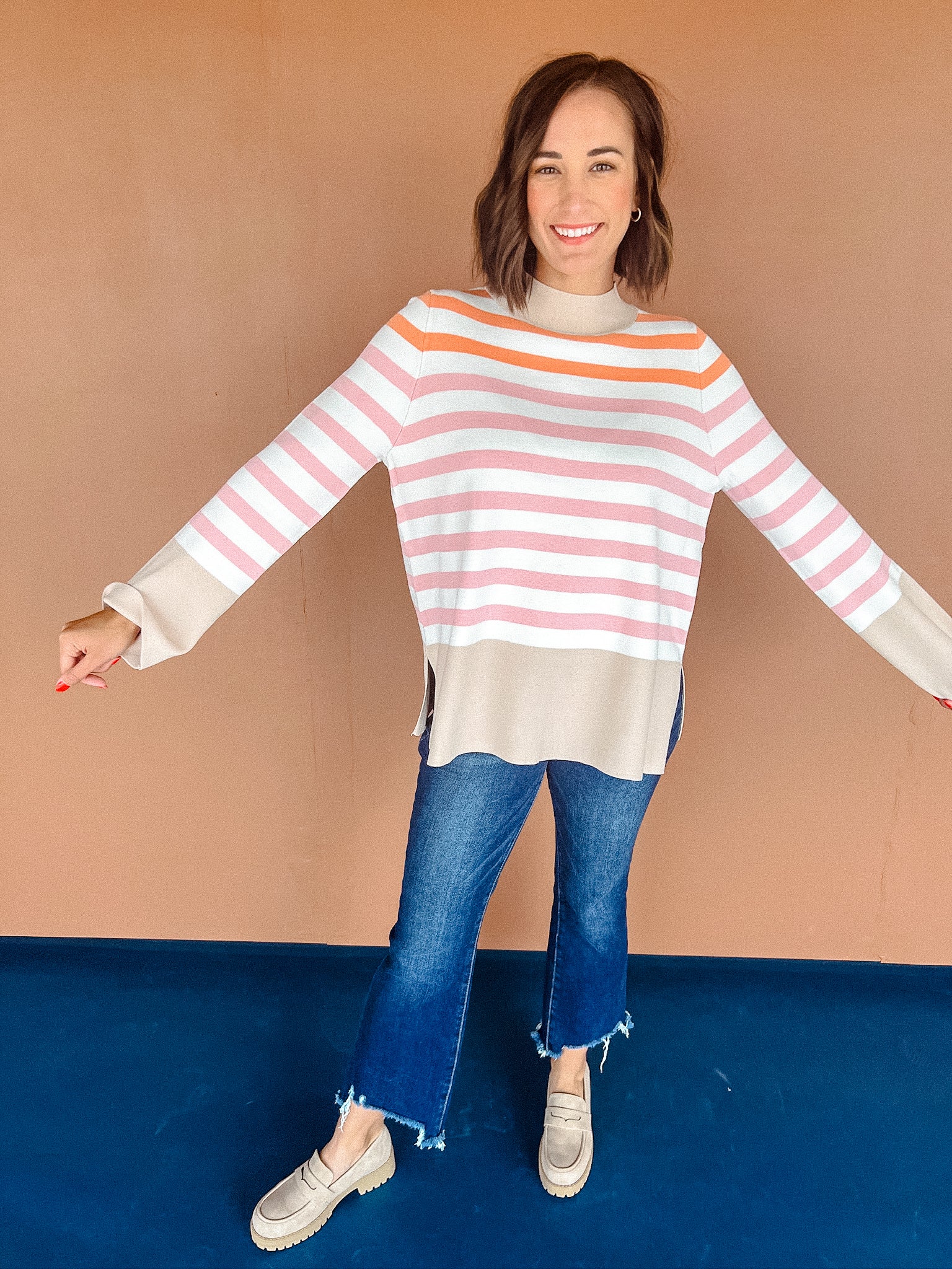 Lisa Striped Tunic Sweater - Beige + Orange + Cream