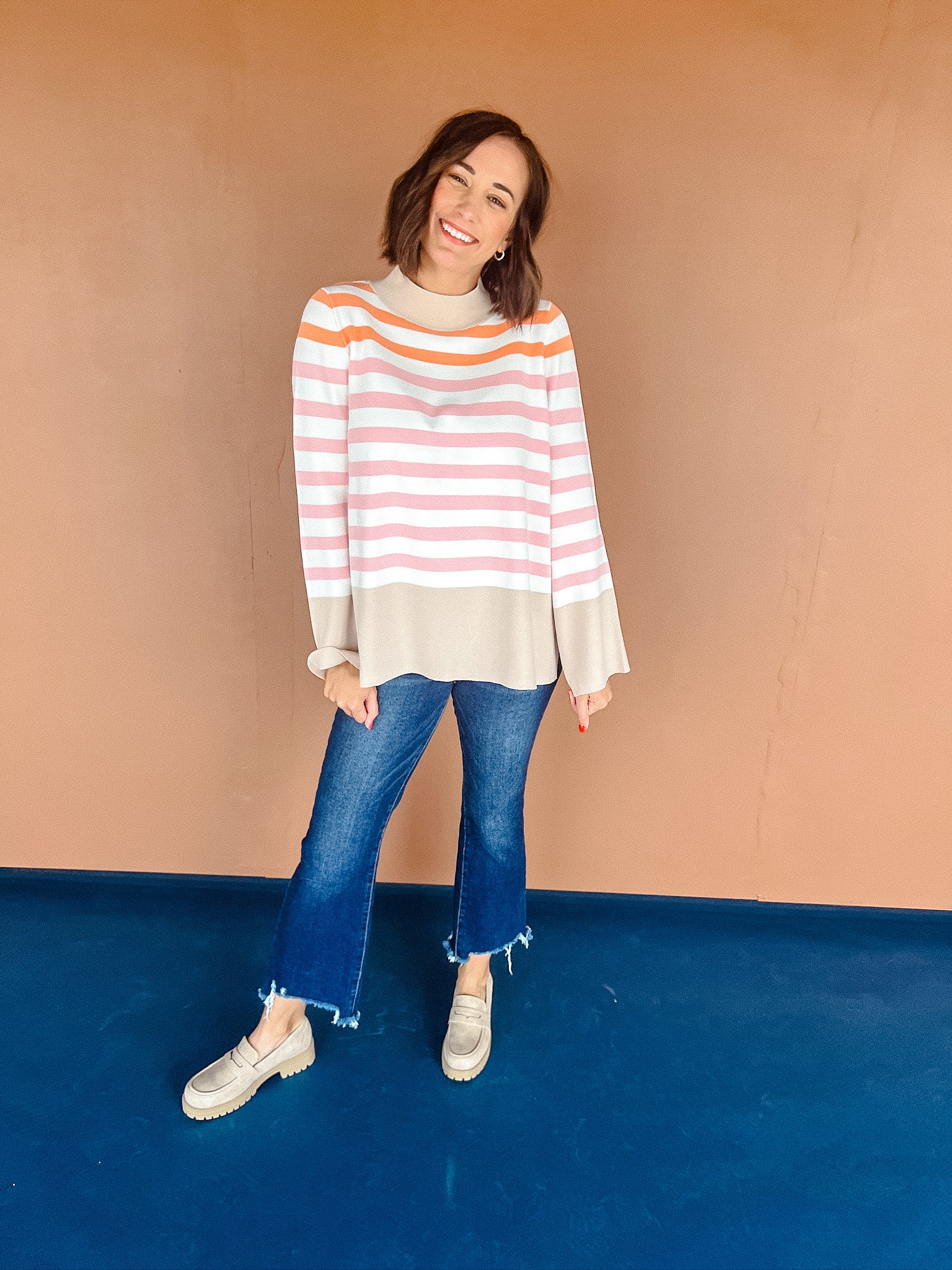 Lisa Striped Tunic Sweater - Beige + Orange + Cream