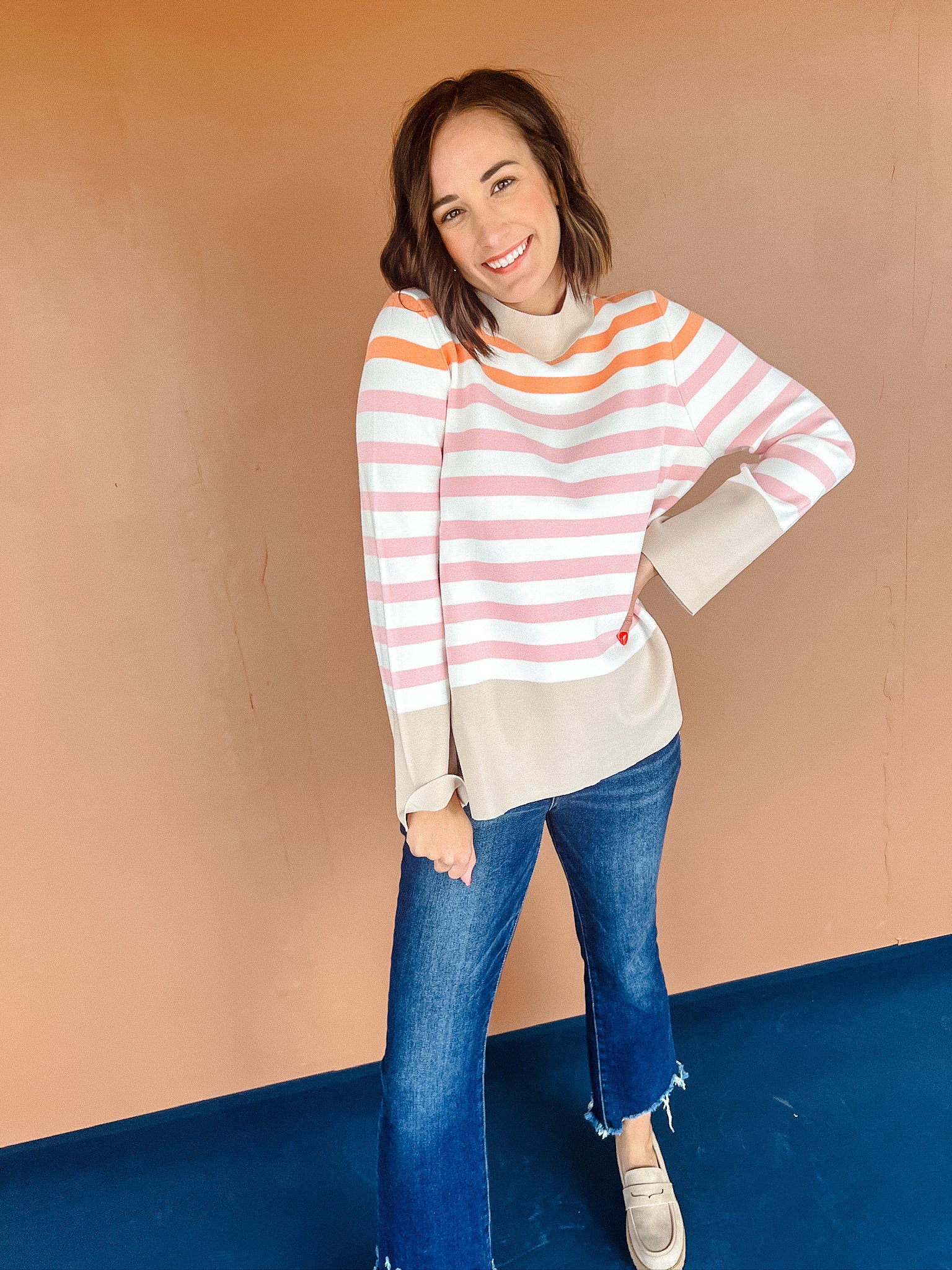 Lisa Striped Tunic Sweater - Beige + Orange + Cream