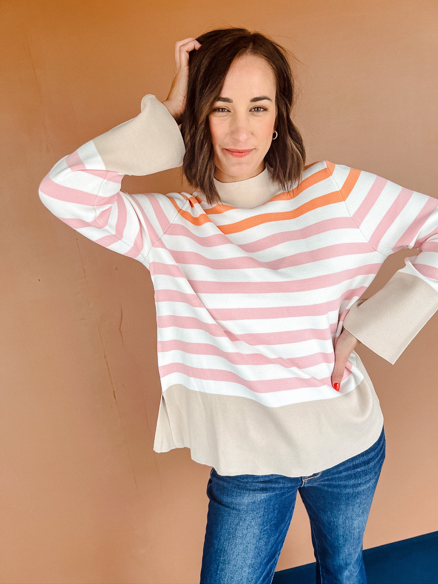 Lisa Striped Tunic Sweater - Beige + Orange + Cream