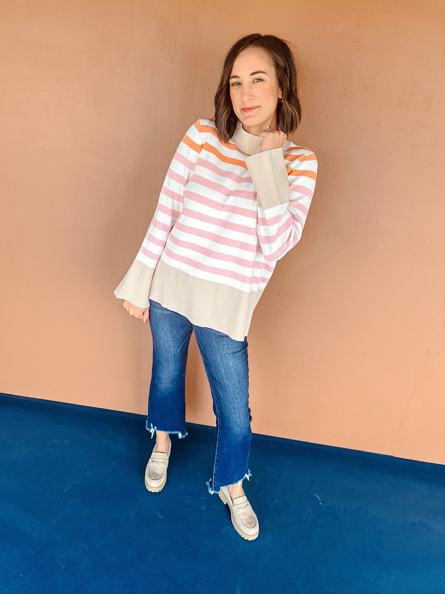 Lisa Striped Tunic Sweater - Beige + Orange + Cream