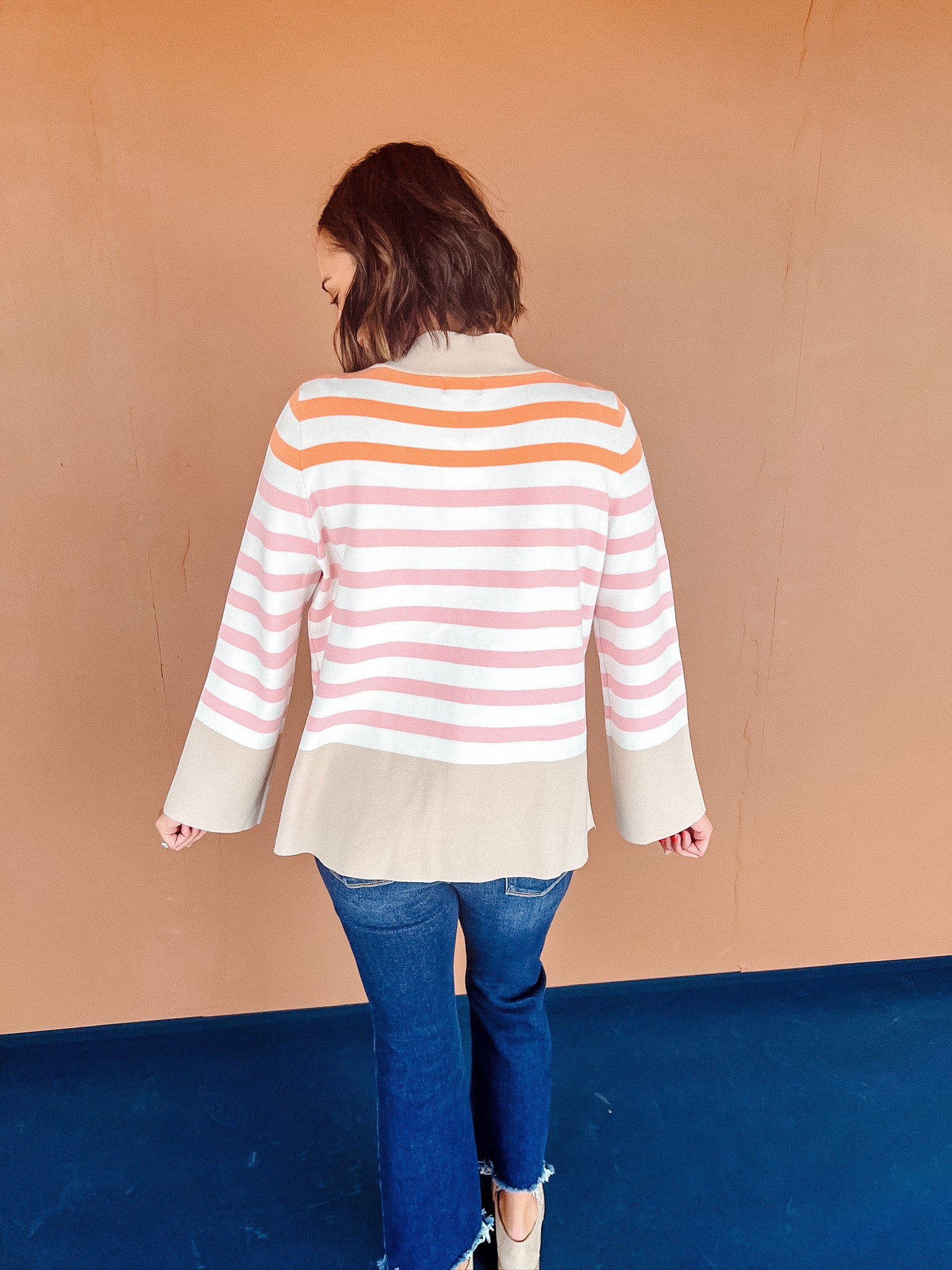 Lisa Striped Tunic Sweater - Beige + Orange + Cream