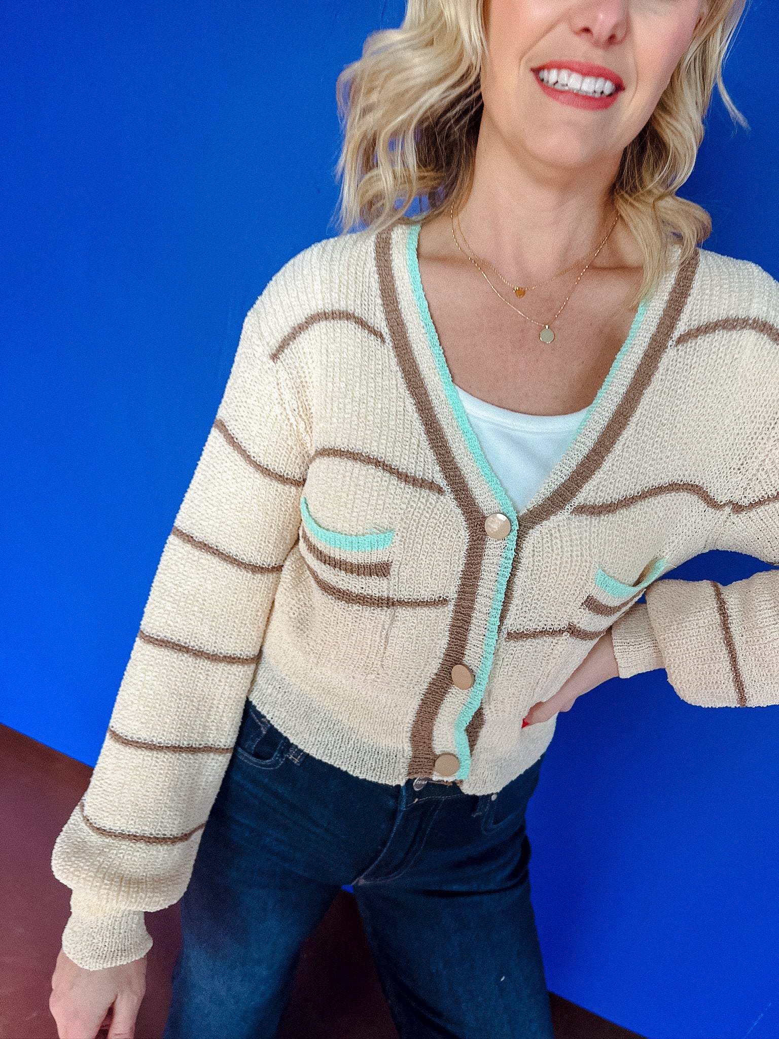 Nadine Cropped Cardigan - Oatmeal + Coffee + Light Mint