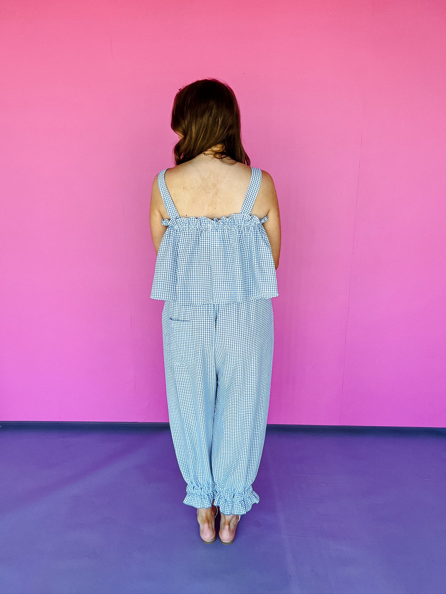 Maisey Ruffle Tank and Pant Set - Blue + White