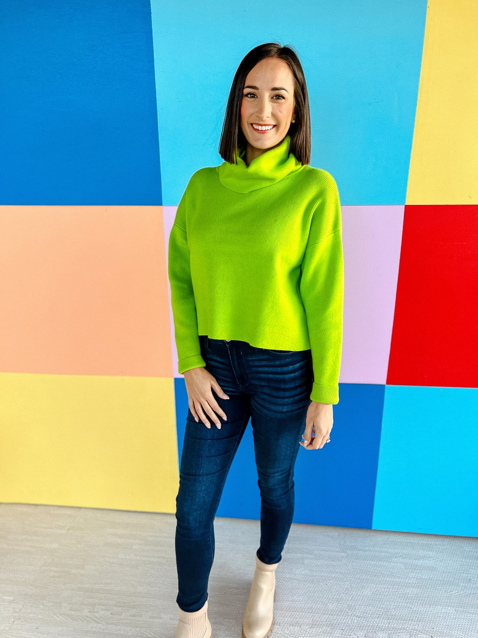 Latte Lover Turtleneck Knit Sweater - Bright Lime Green