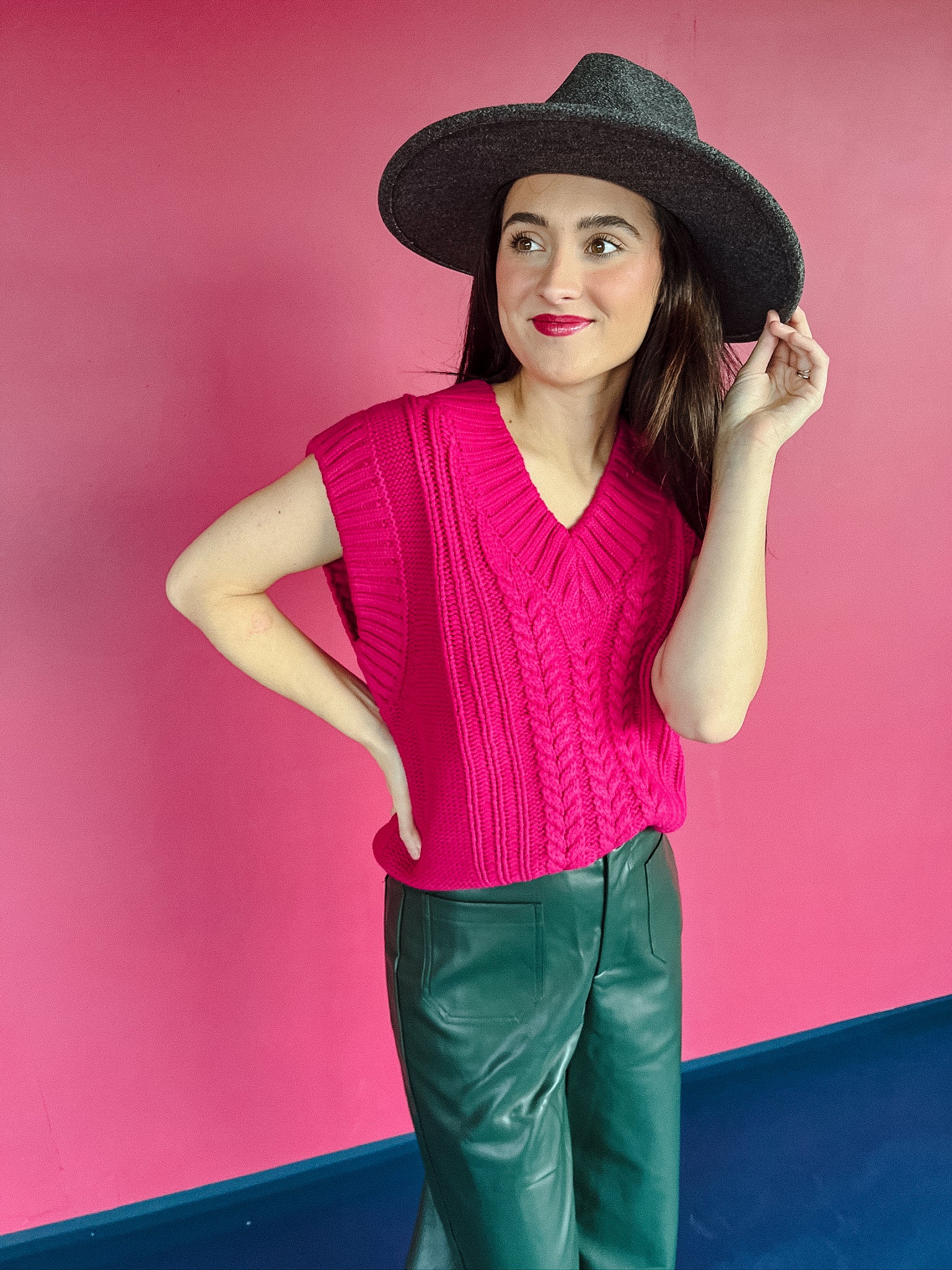 [2.7 August Apparel] Rickie Cable Knit Sweater Vest - Bright Fuchsia