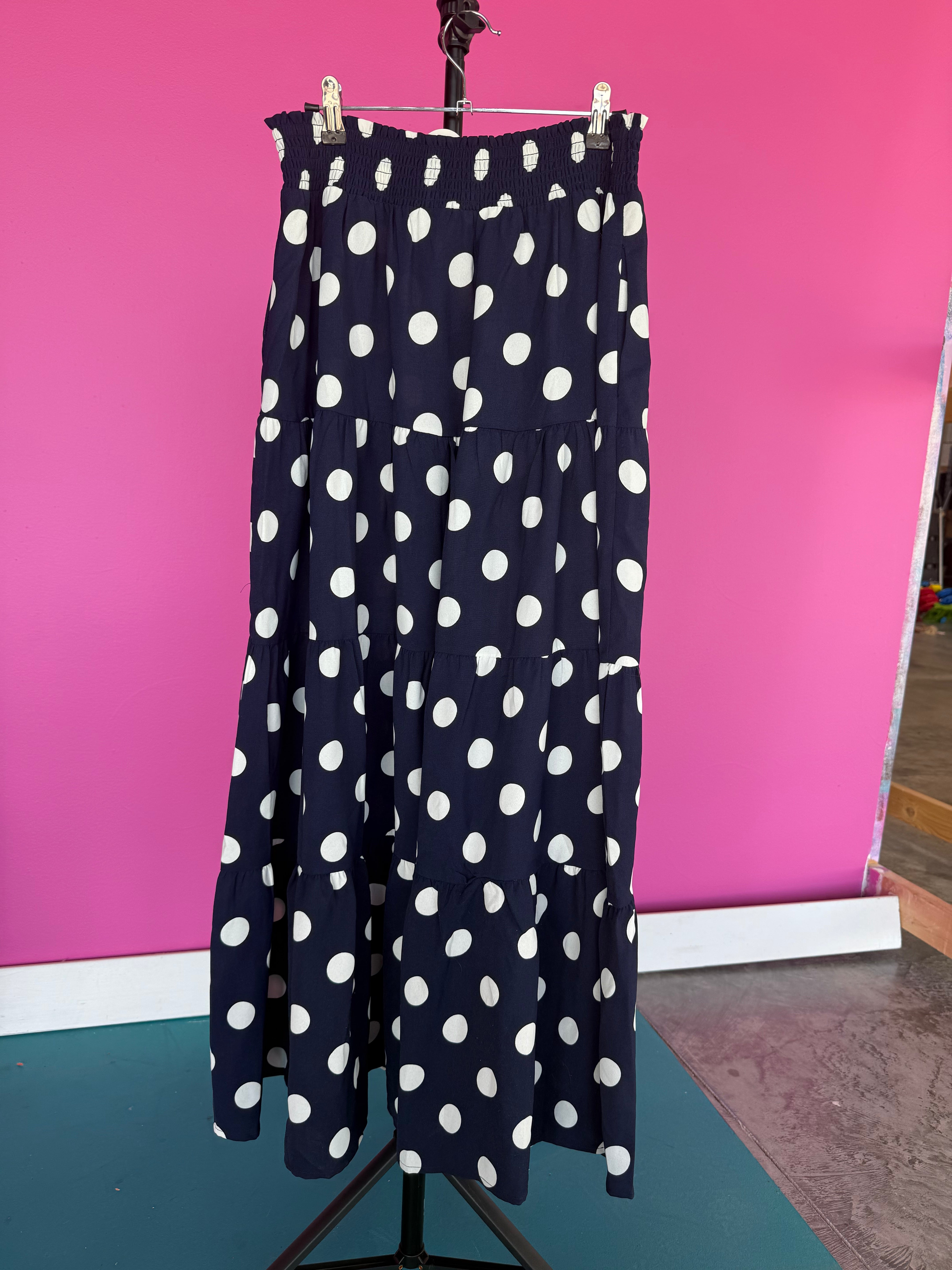 [Defect Sale] Nicki Tiered Polka Dot Maxi Skirt - Navy - LARGE