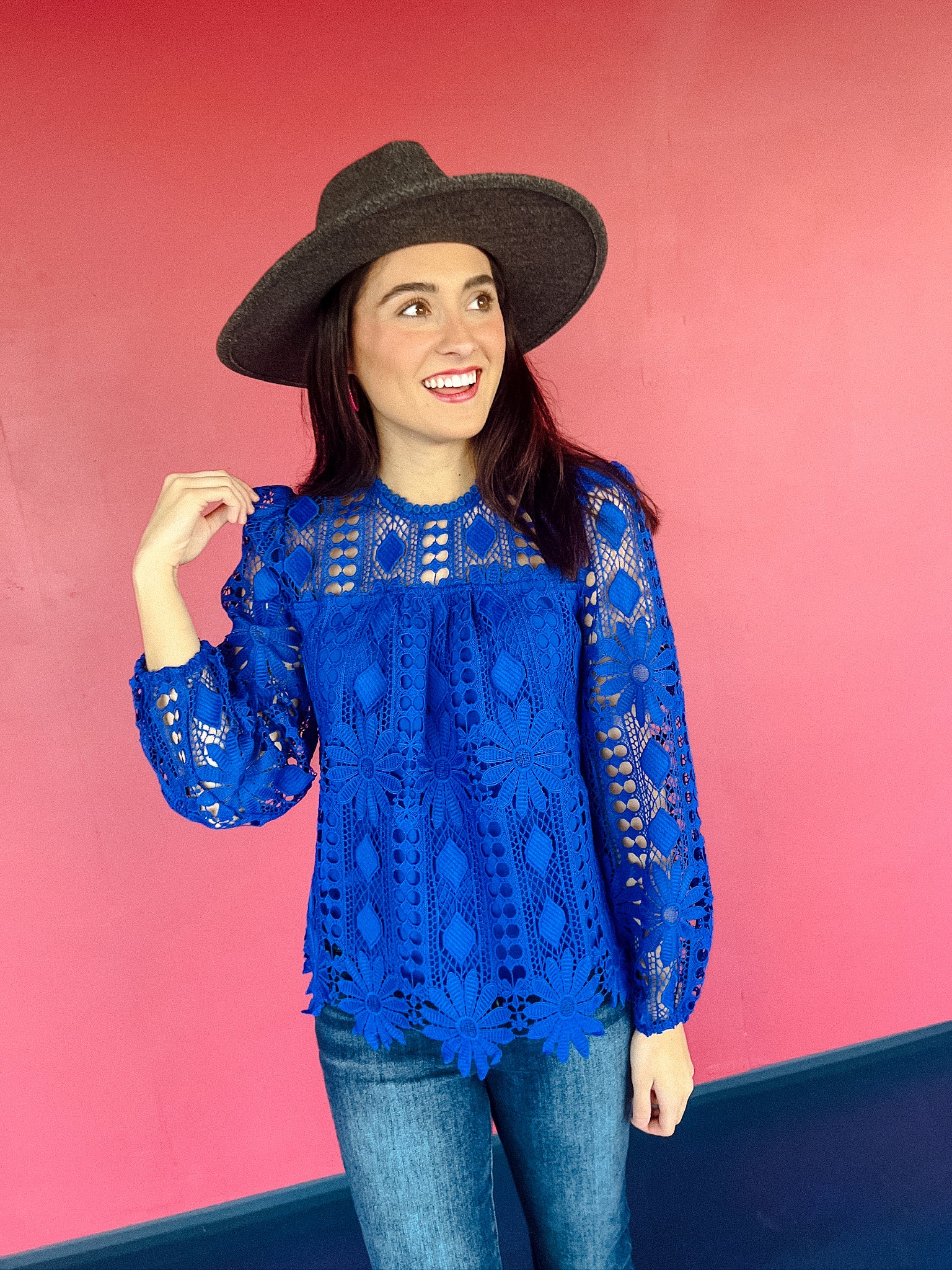 Holly Lace Sleeve Blouse - Electric Blue