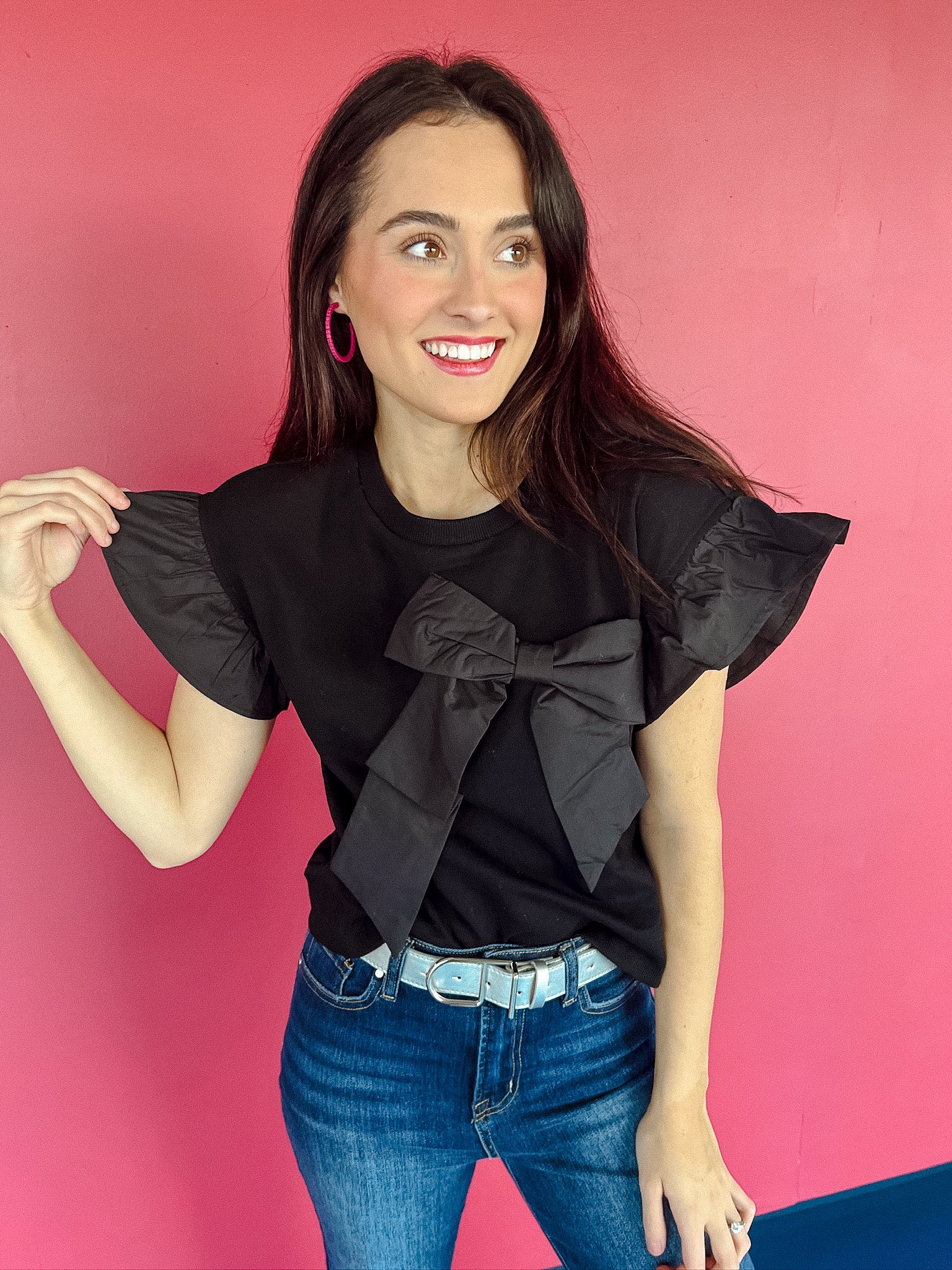 Marla Bow Flutter Sleeve Top - Black