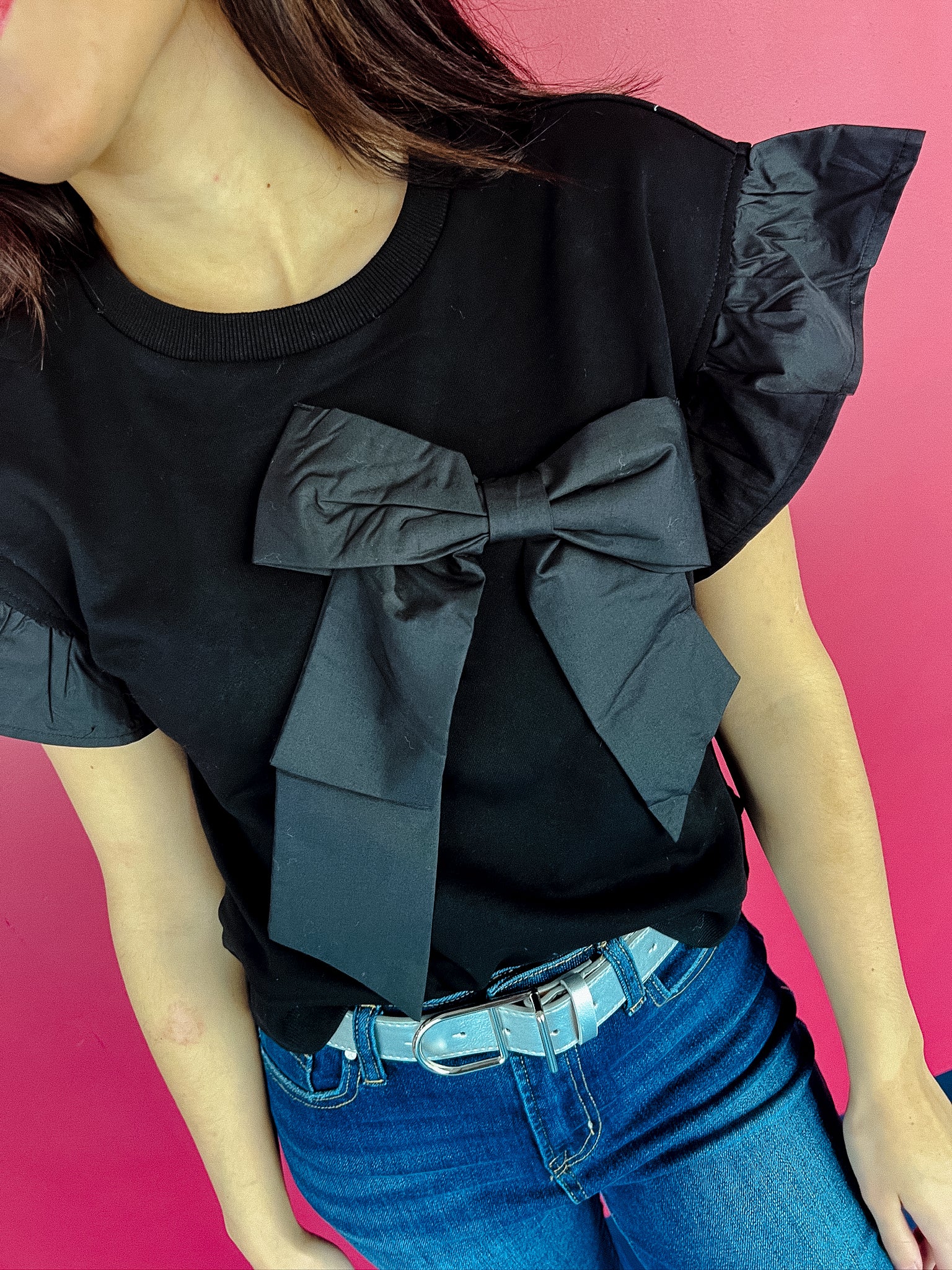 Marla Bow Flutter Sleeve Top - Black