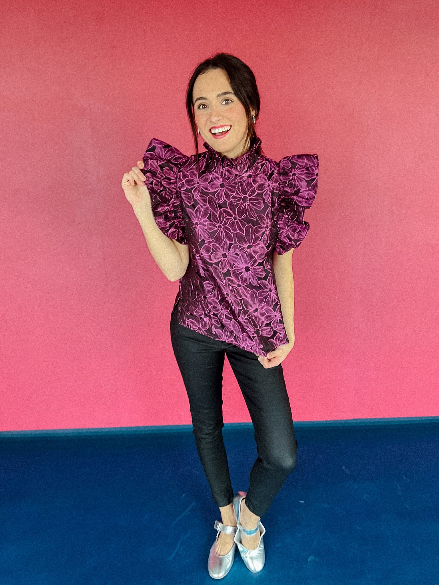 Class Act Ruffle Sleeve Blouse - Black + Vibrant Amethyst