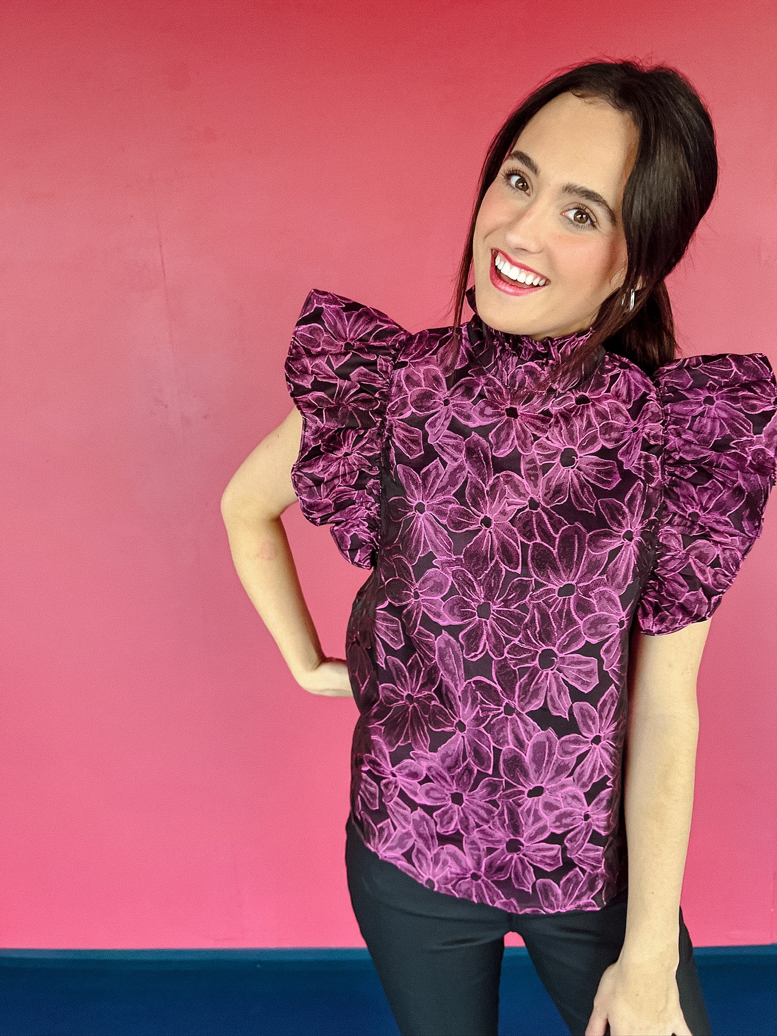 Class Act Ruffle Sleeve Blouse - Black + Vibrant Amethyst