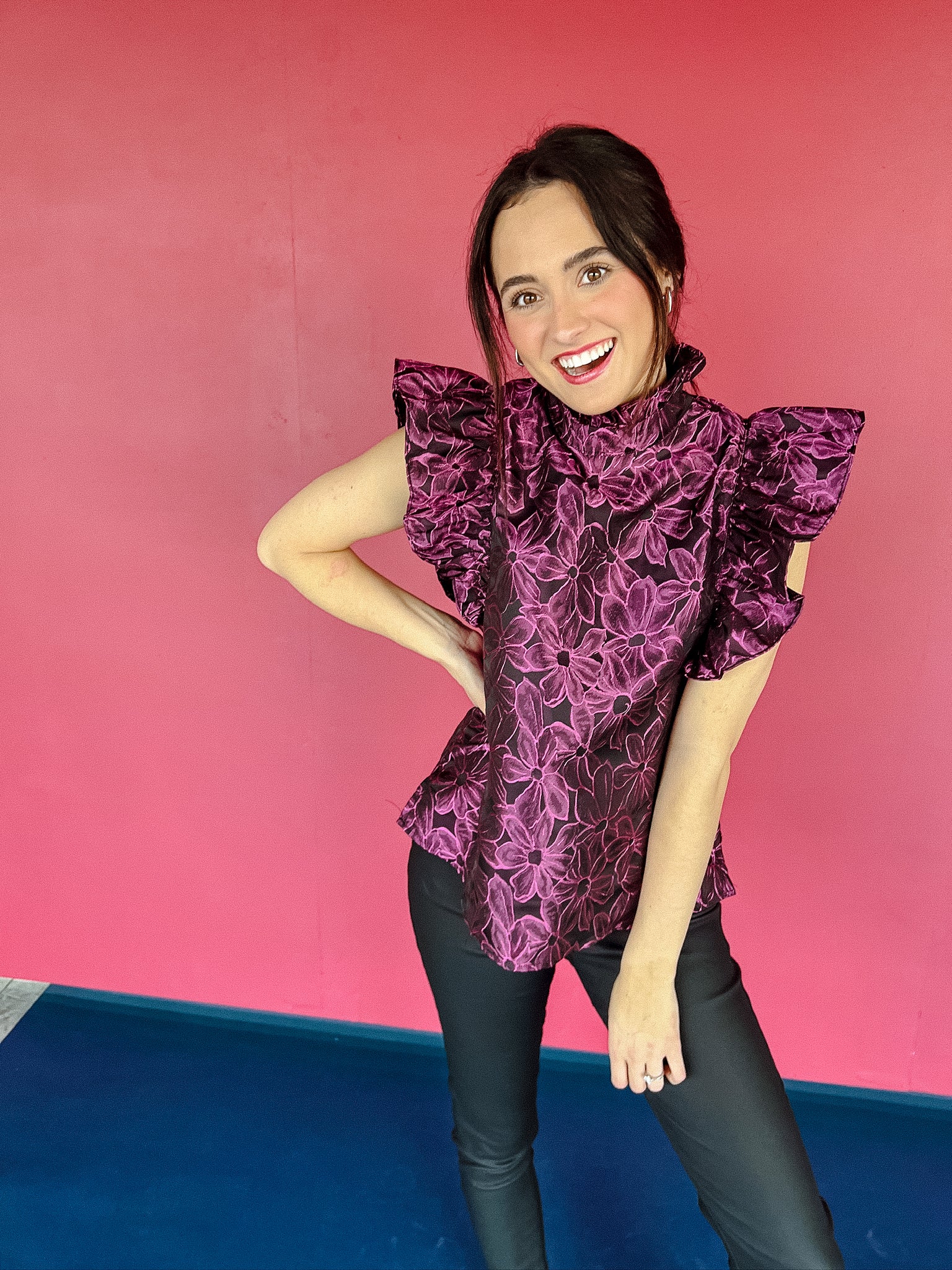 Class Act Ruffle Sleeve Blouse - Black + Vibrant Amethyst