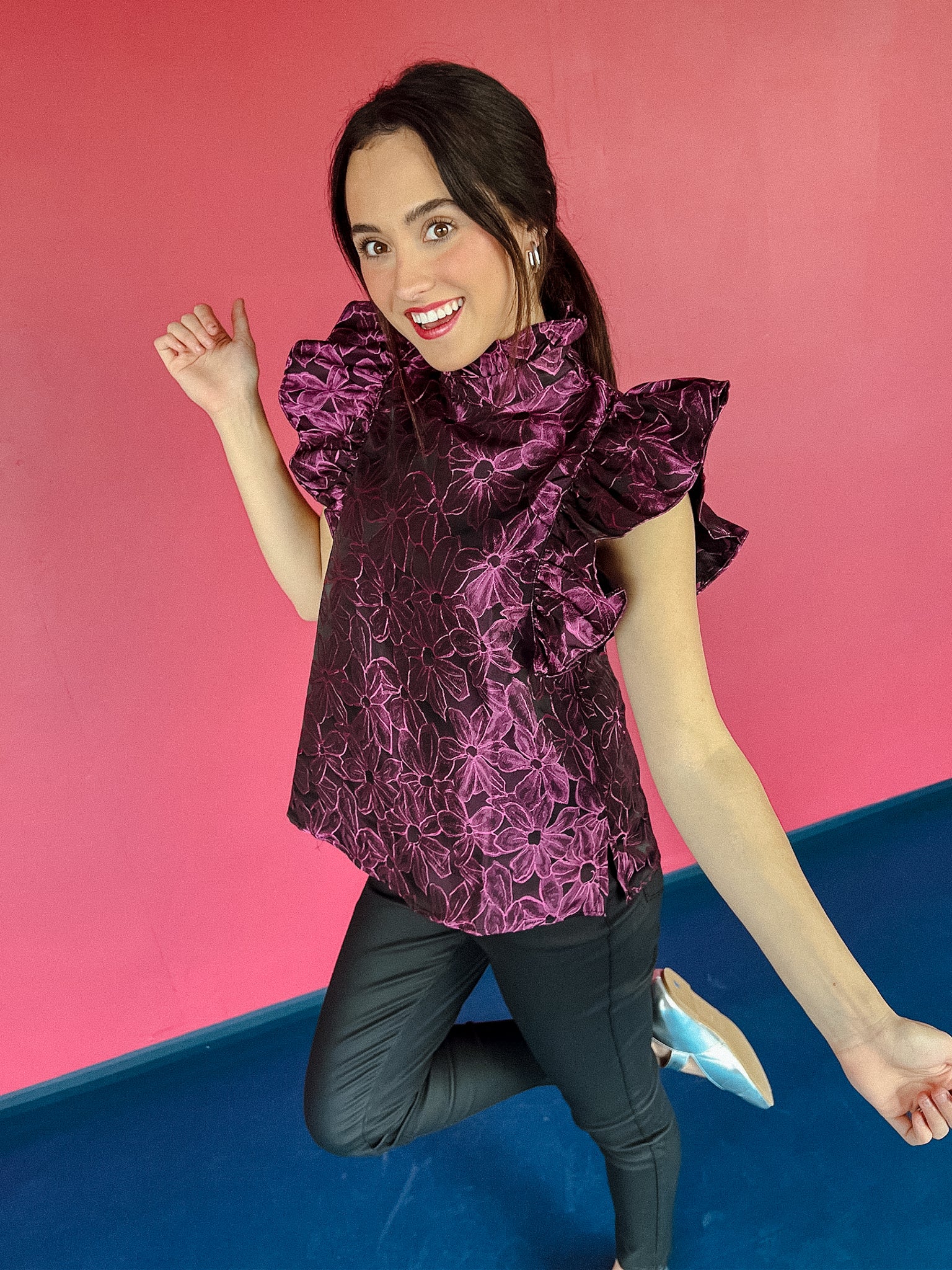 Class Act Ruffle Sleeve Blouse - Black + Vibrant Amethyst